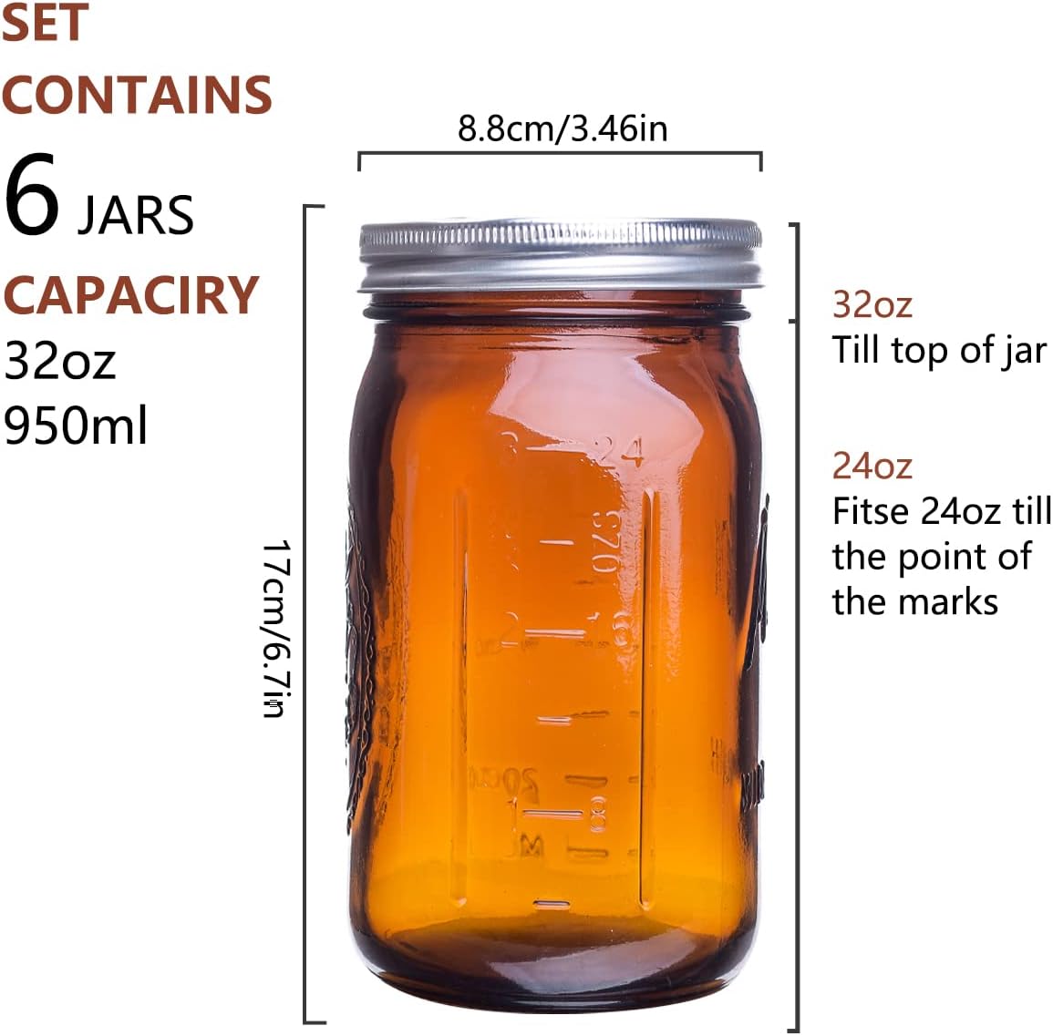 Eleganttime Amber Glass Mason Jars 32 Oz 6 Pack