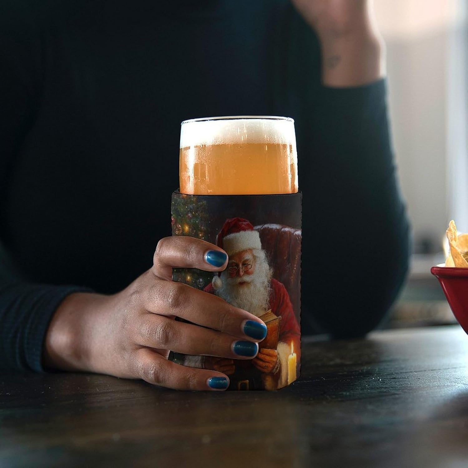 Beer Can Cooler Sleeve with Santa Claus Design