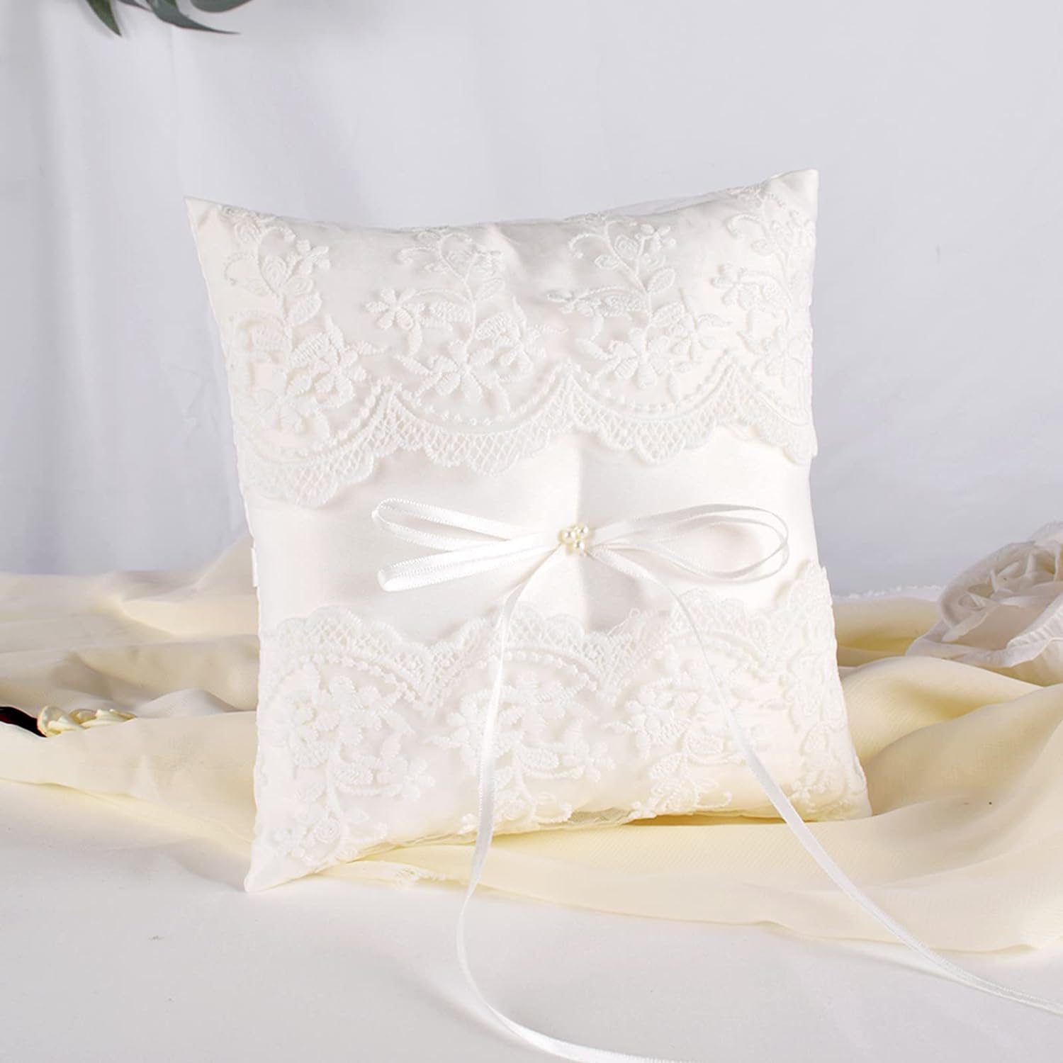 ATAILOVE Wedding Ring Pillow Ivory Lace Pearl Bearer Cushion