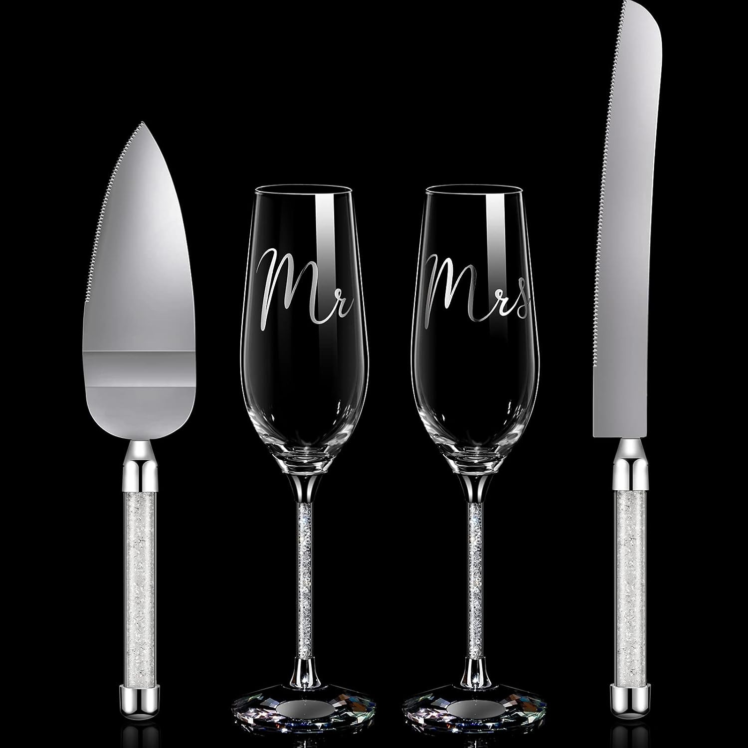 4 Piece Wedding Cake Knife and Champagne Flutes Server Set