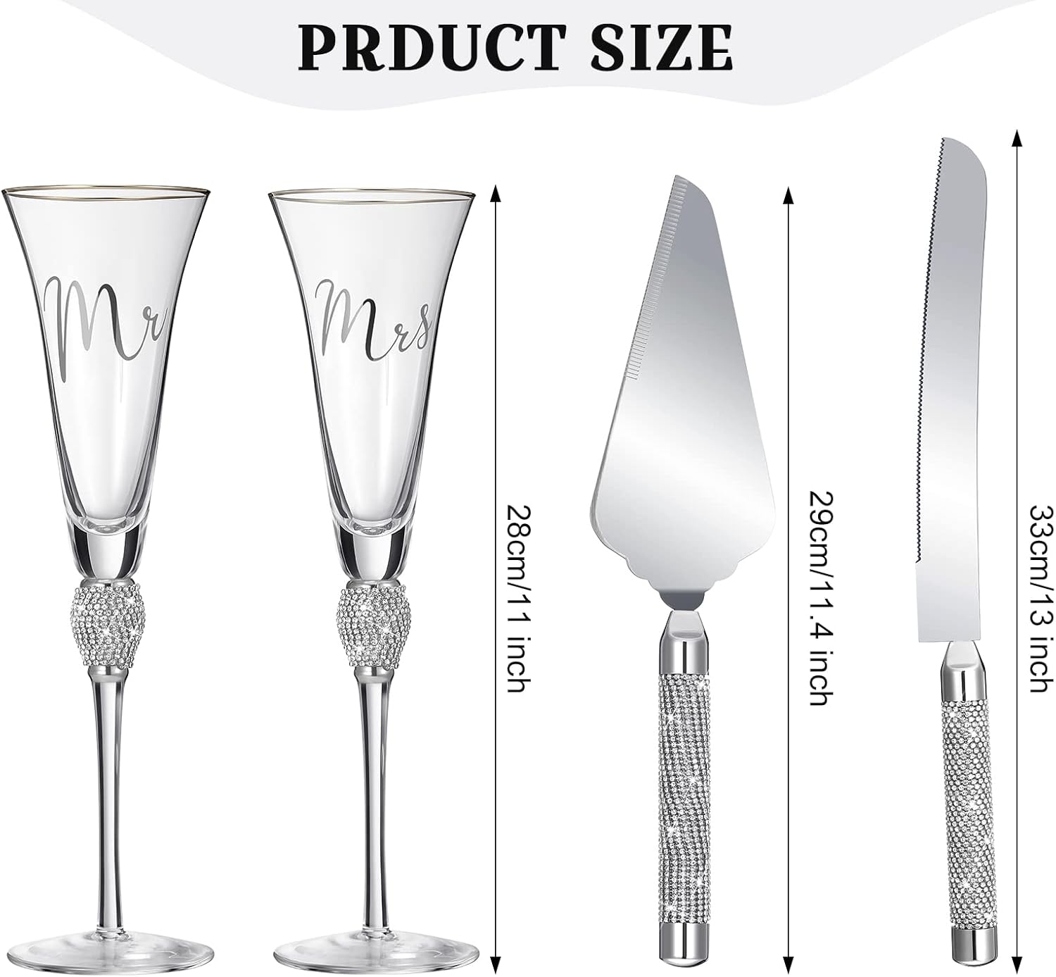 4 Piece Wedding Cake Knife and Champagne Flutes Server Set Silver