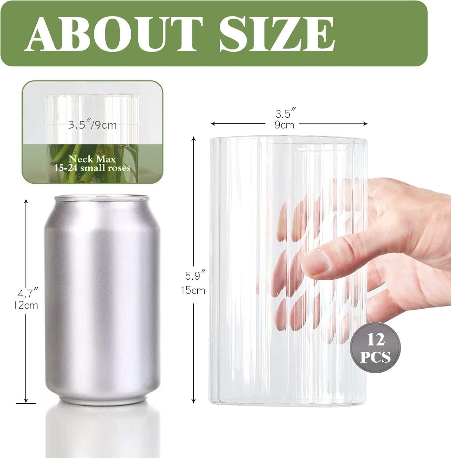 12Pcs Clear Ribbed Glass Cylinder Vases for Centerpieces