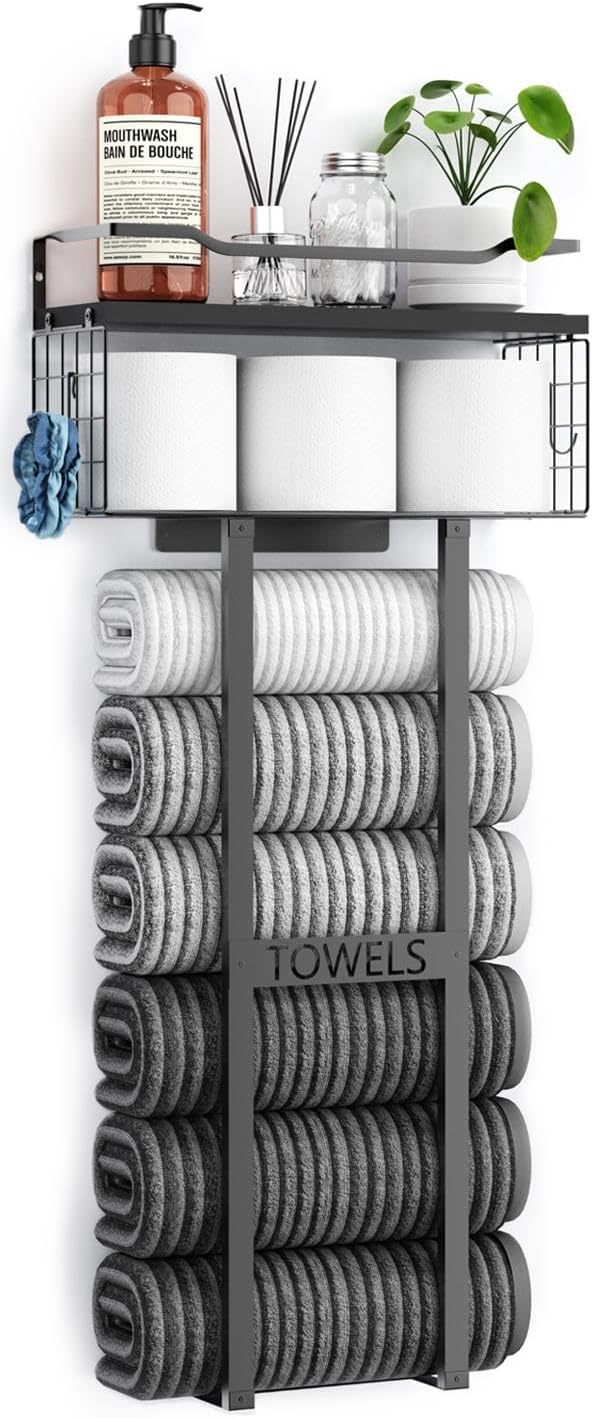 Sturdy Metal Towel Rack with Wood Shelf - All Black