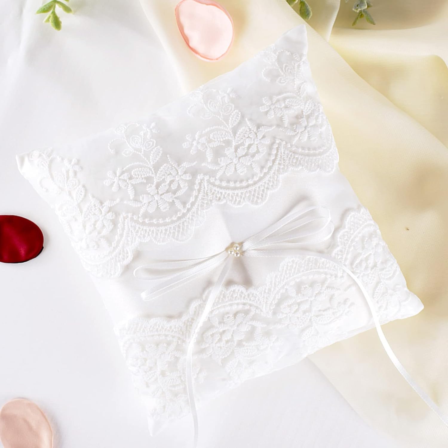 ATAILOVE Wedding Ring Pillow Ivory Lace Pearl Bearer Cushion