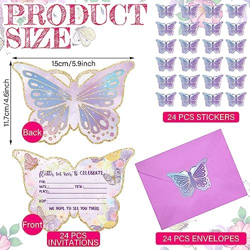 Hotop 24 Piece Butterfly Party Invitations with Envelopes and Stickers