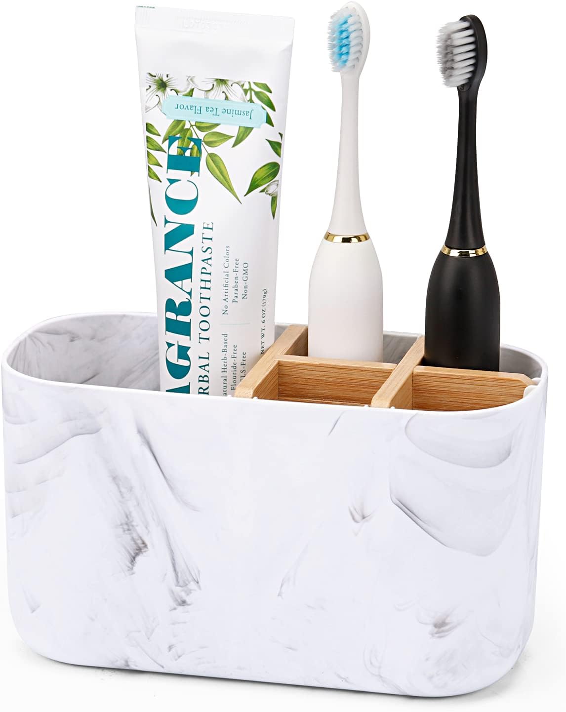 Bamboo Toothbrush Holder with 5 Slots and Toothpaste Storage