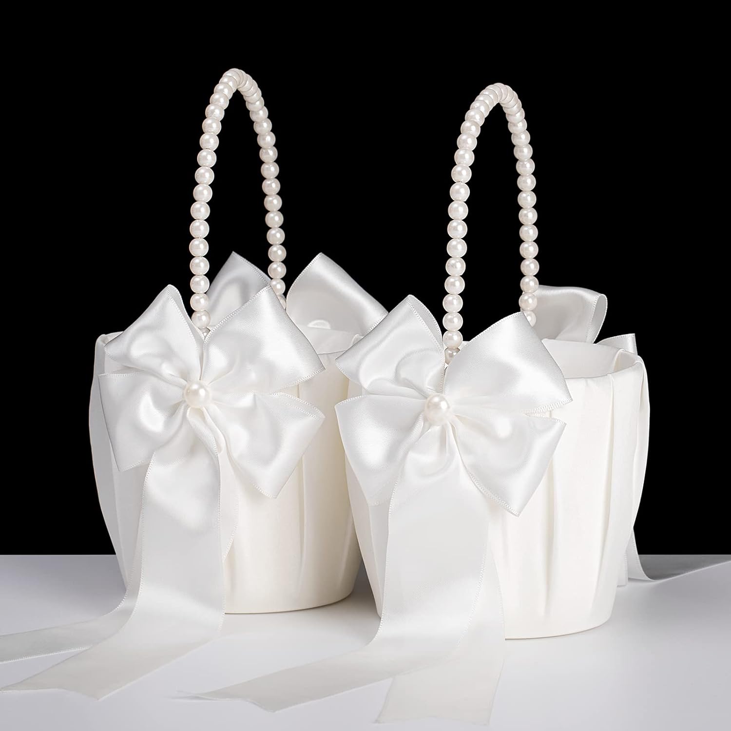 Ivory Flower Girl Baskets With Pearl Handles Set of 2