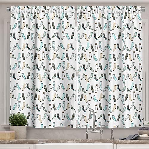 Ambesonne Cartoon Kitchen Curtains 2 Panel Set Blue Beige 55x39
