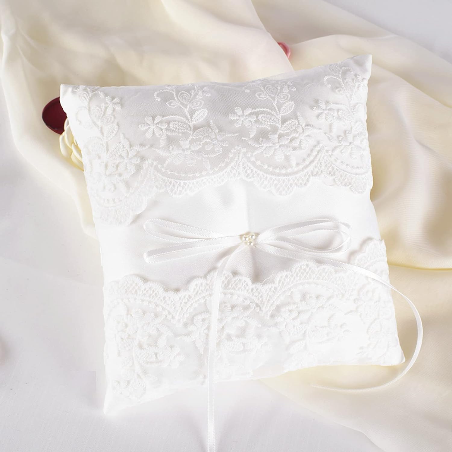 ATAILOVE Wedding Ring Pillow Ivory Lace Pearl Bearer Cushion