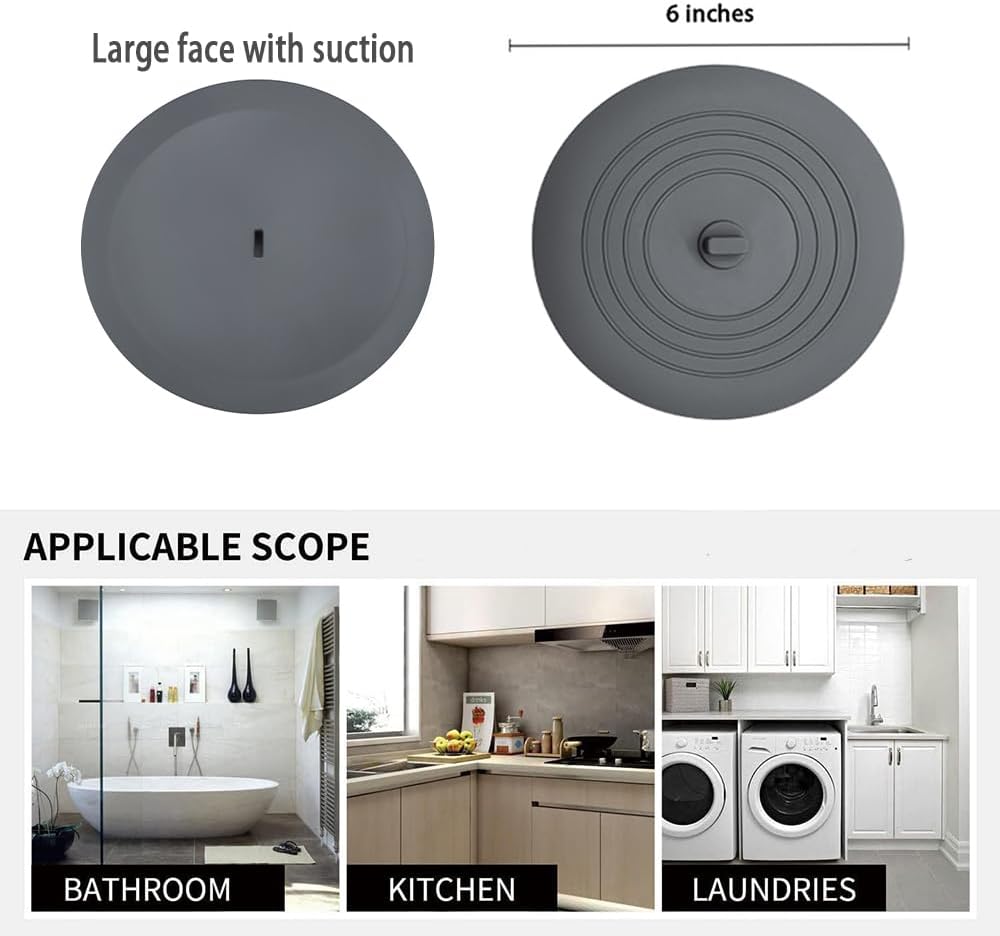6 Inch Large Silicone Tub Stopper 2 Pack - Gray and White