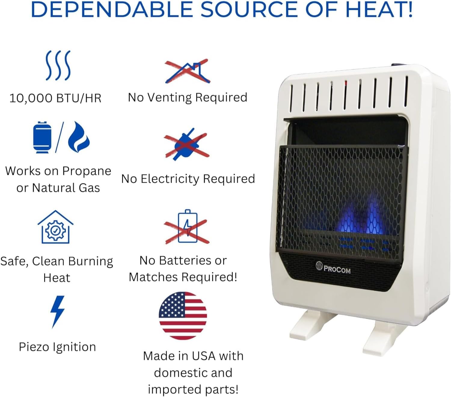 ProCom BF10M-B Ventless Dual Fuel Blue Flame Space Heater 10000 BTU