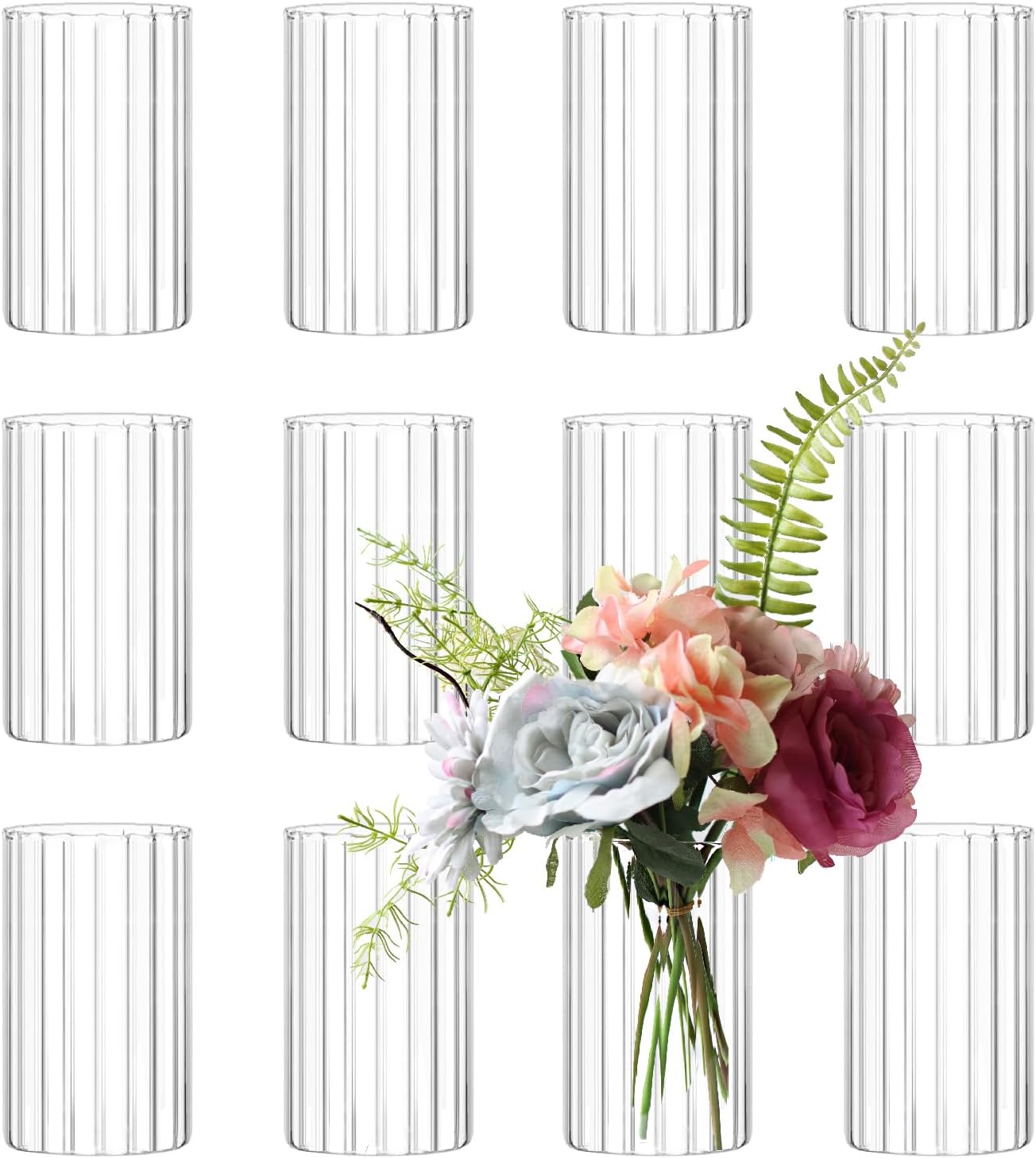 12Pcs Clear Ribbed Glass Cylinder Vases for Centerpieces