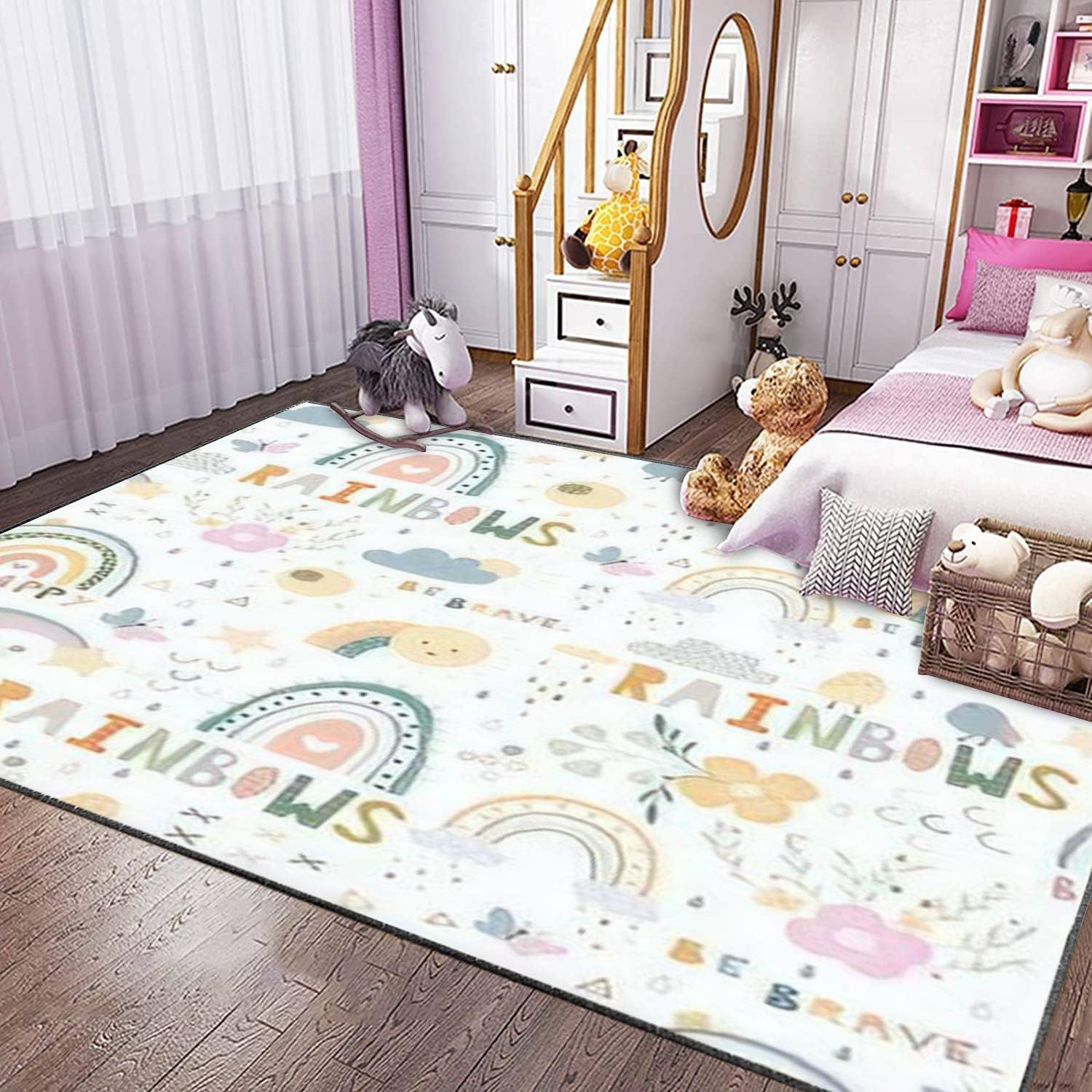 Modern Home Kids Play Area Rugs with Rainbows Design