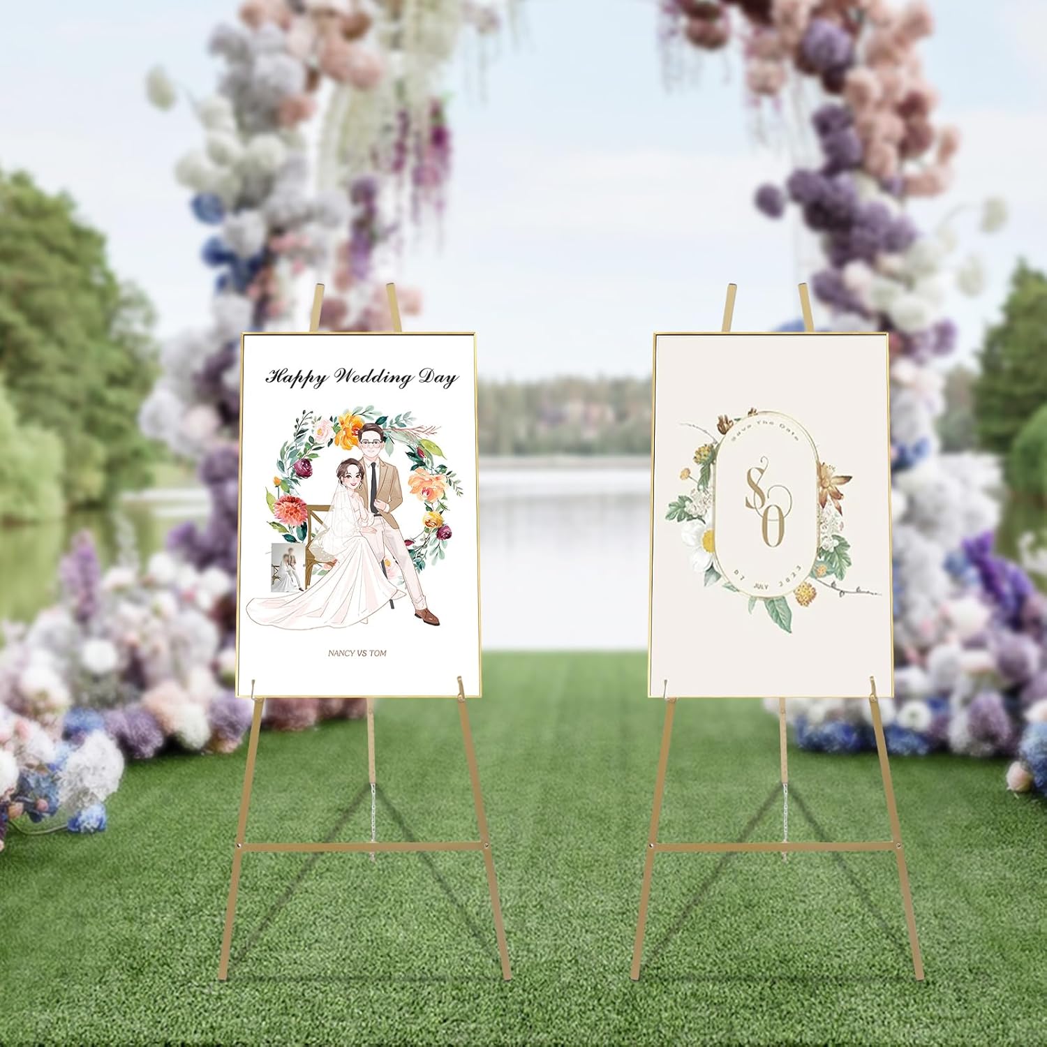 2PC 34FT H Gold Wedding Welcome Signs Easel Stand