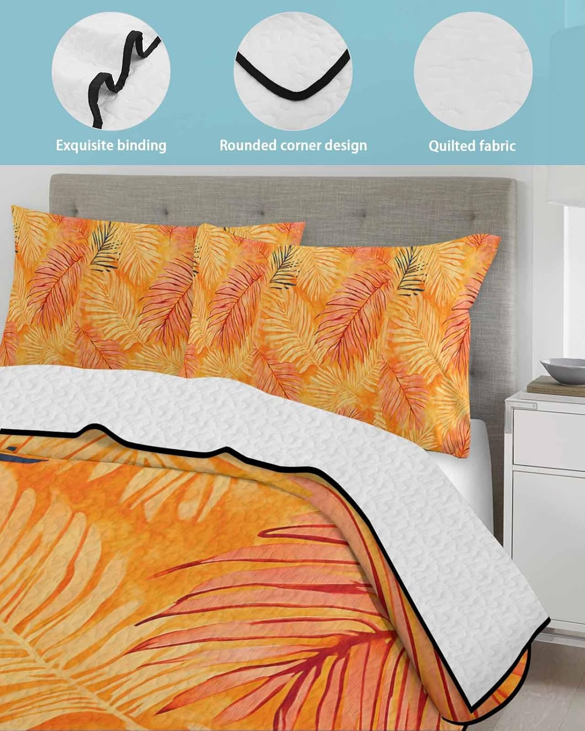 Orange Leaf Tropical Quilt Bedding Set King Size 3 Piece