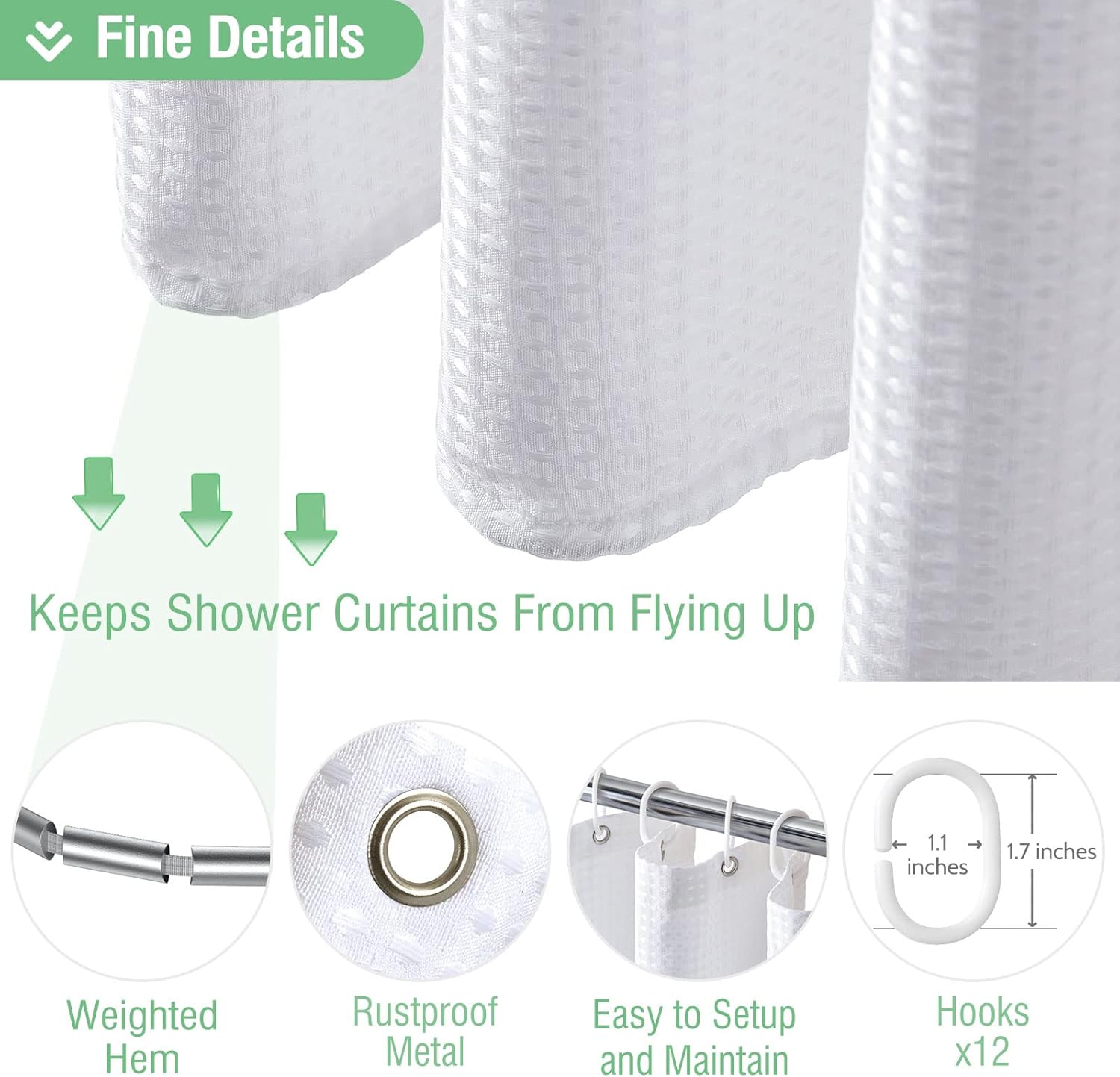 Dynamene White Waffle Shower Curtain Set 72x72 Inches
