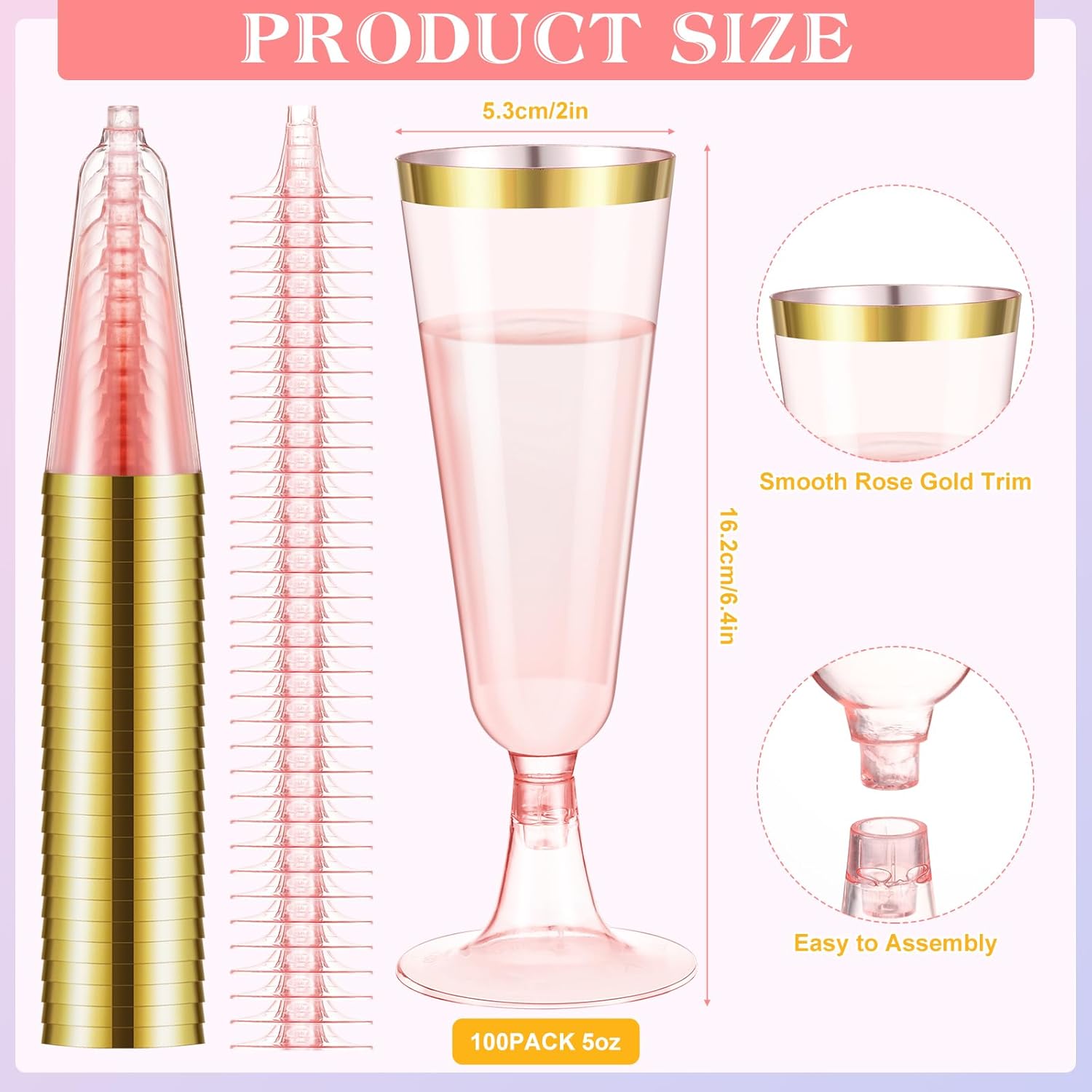Dandat 100 Pcs Pink Plastic Champagne Flutes with Gold Rim