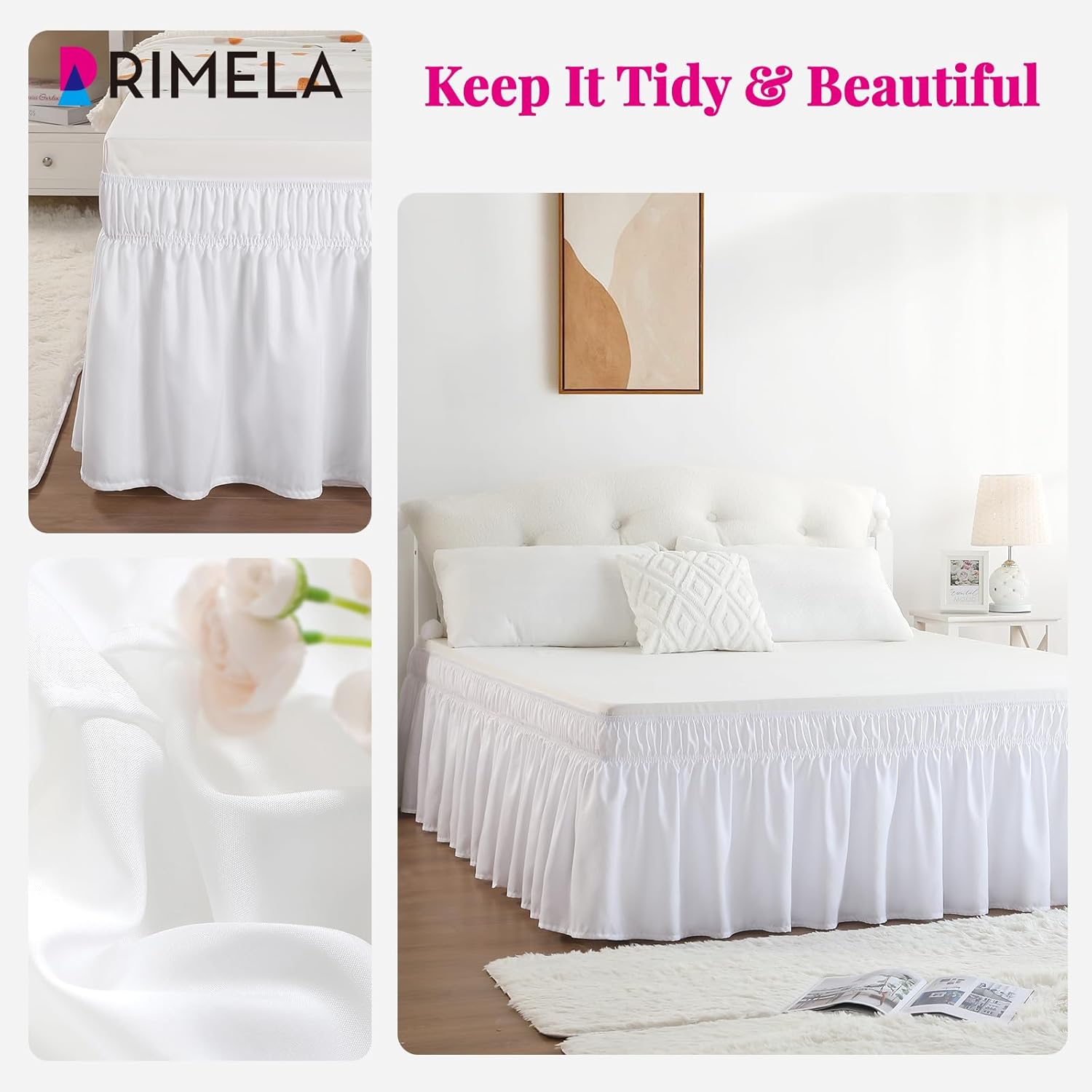 RIMELA White Bed Skirt Queen Size 15 Inch Drop