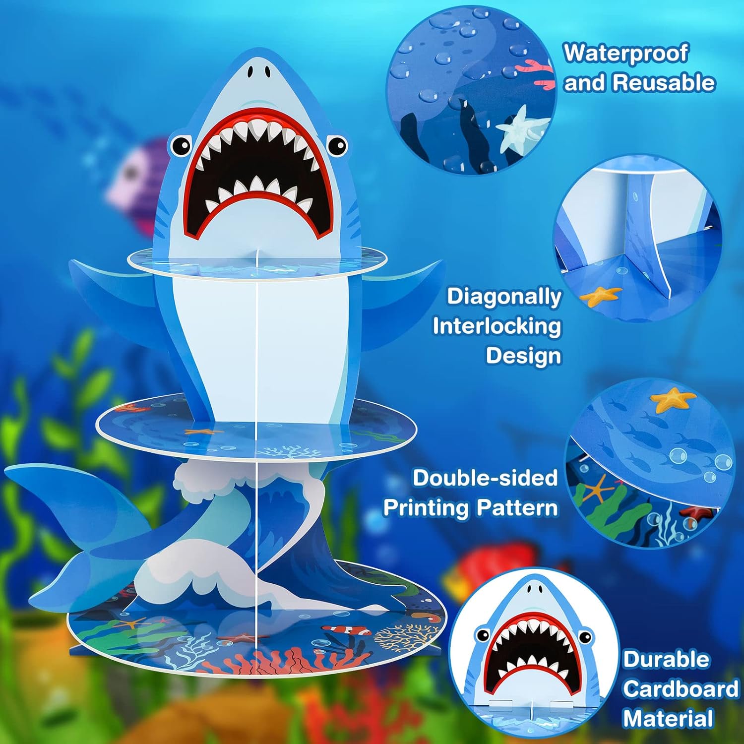 Zopeal 3 Tier Shark Cupcake Stand Ocean Theme Decor