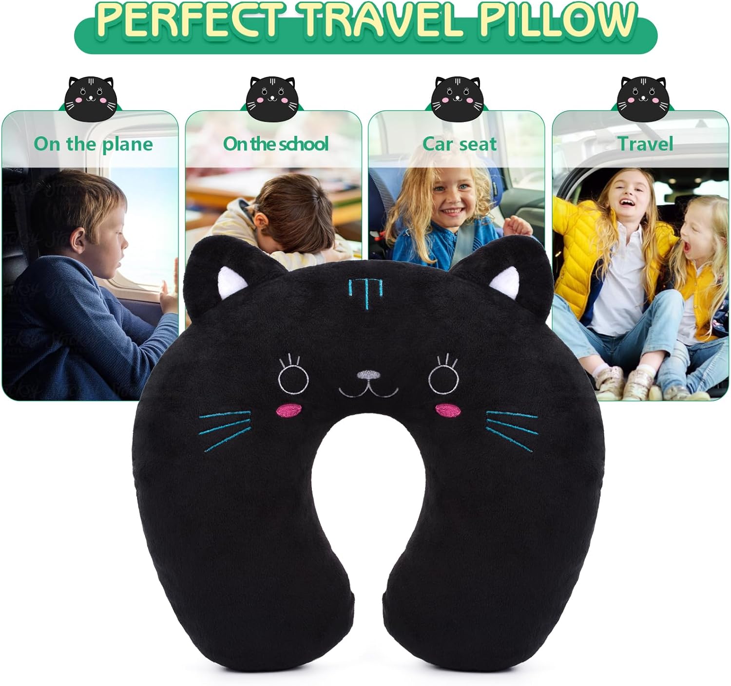 H HOMEWINS Travel Pillow for Kids Black Cat