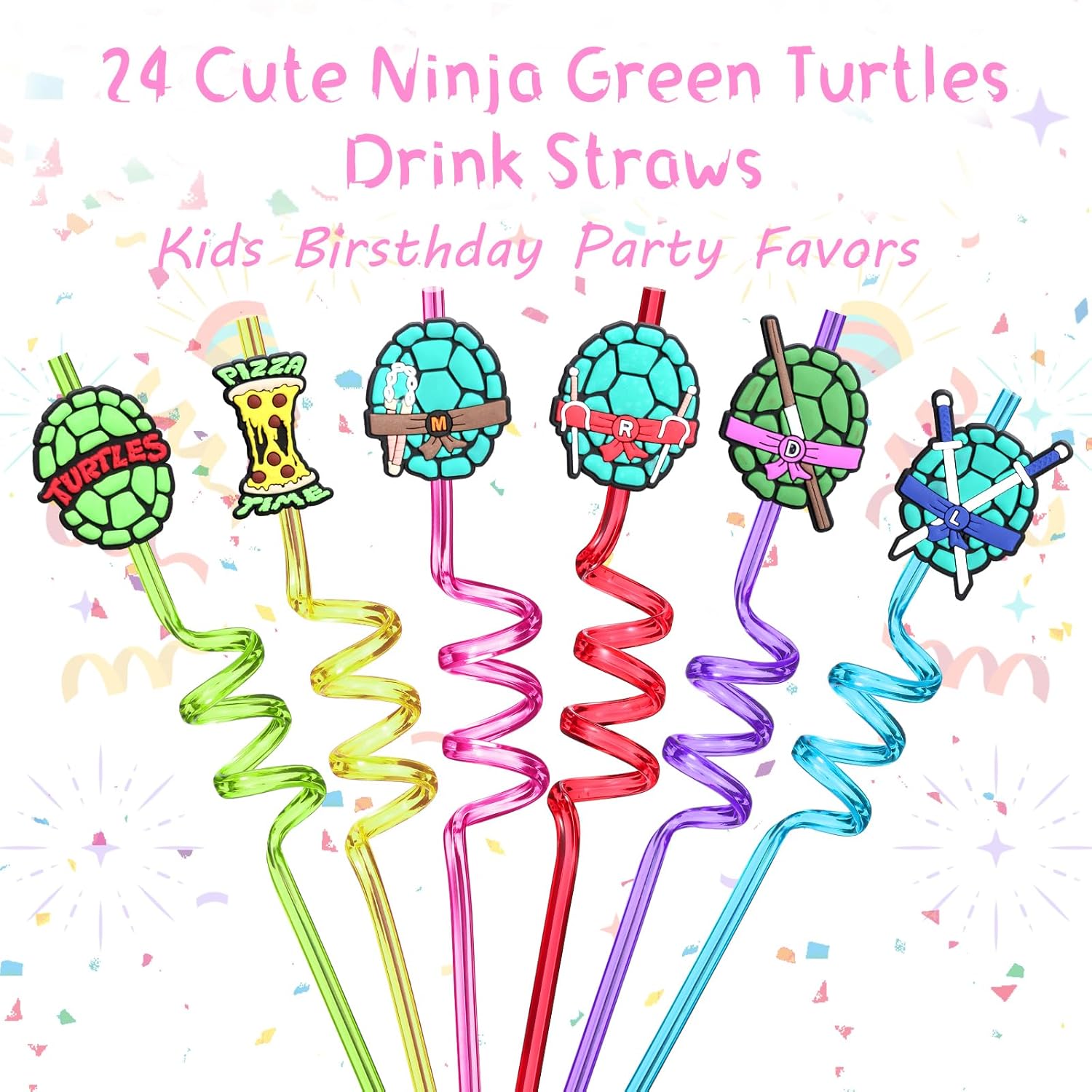 24 Reusable Ninja Green Turtles Straws for Kids Party Favors