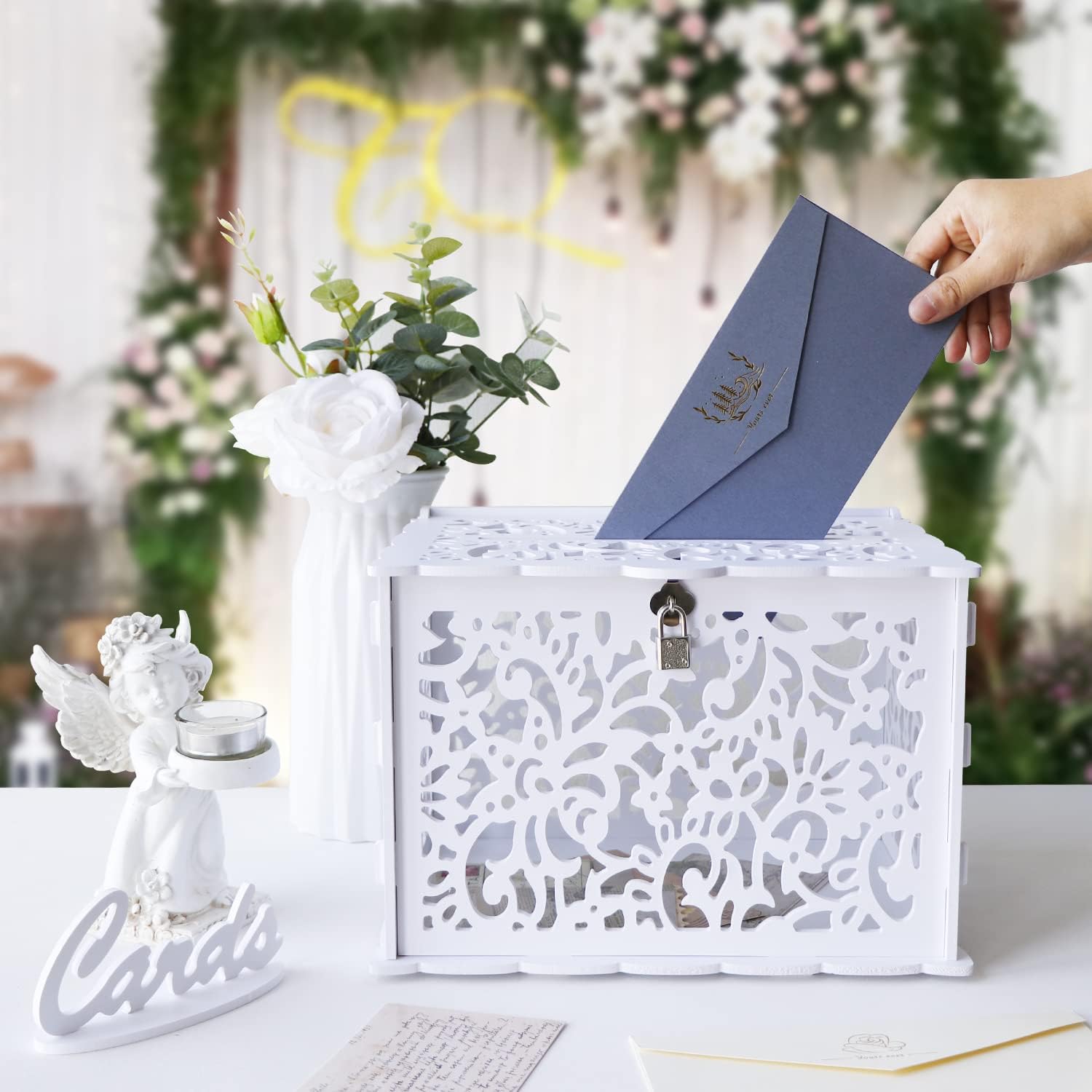 OurWarm White Wedding Card Box with Lock