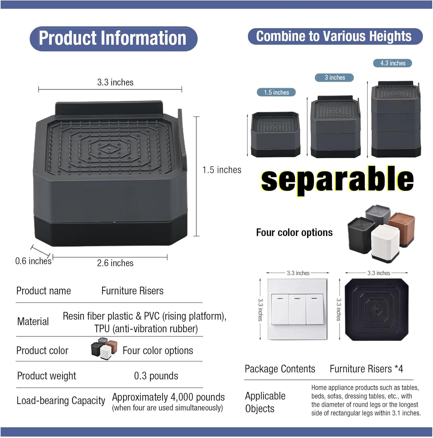 EclatBain Bed Risers Heavy Duty Adjustable Blocks