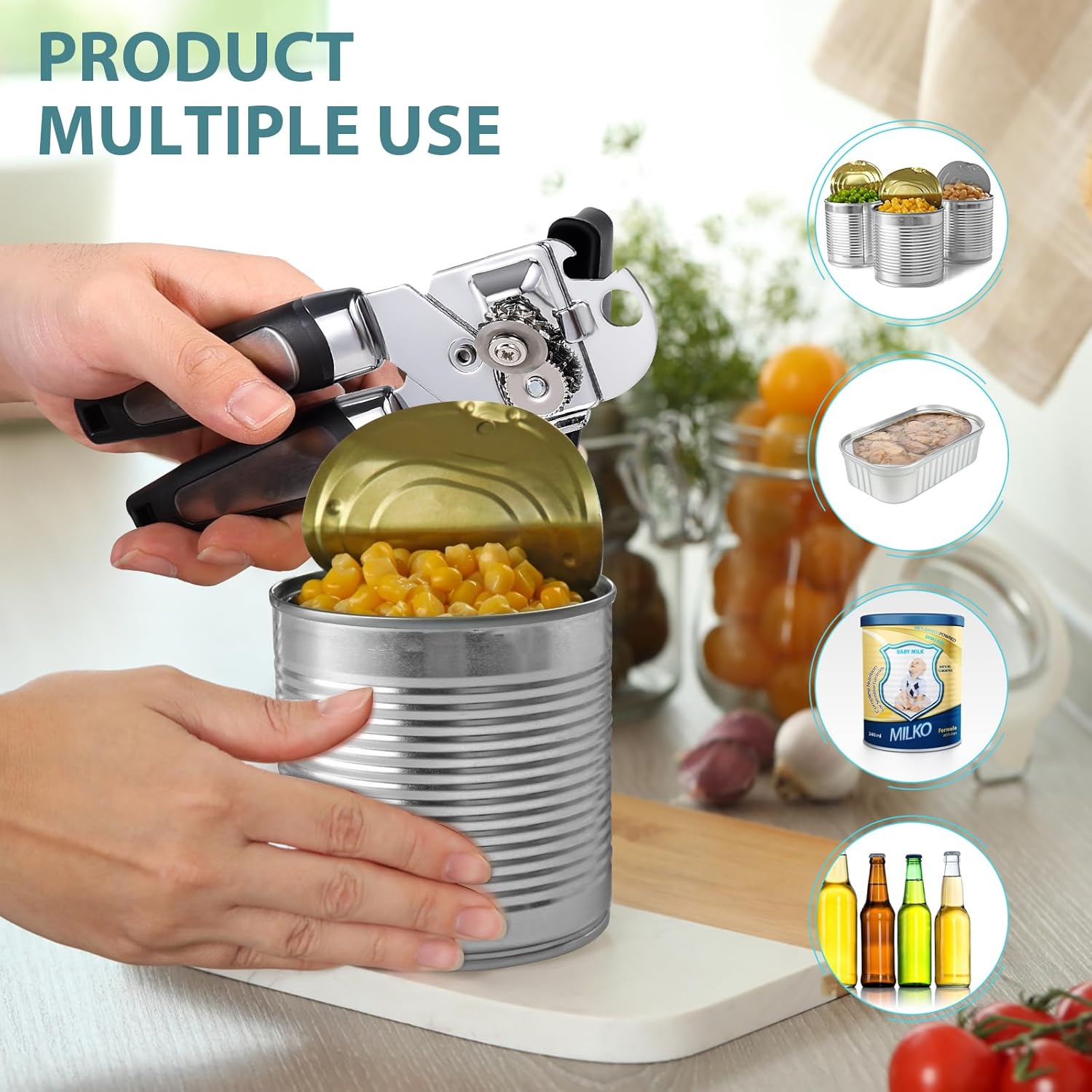 Lychico 3-in-1 Can Opener Stainless Steel Handheld Black