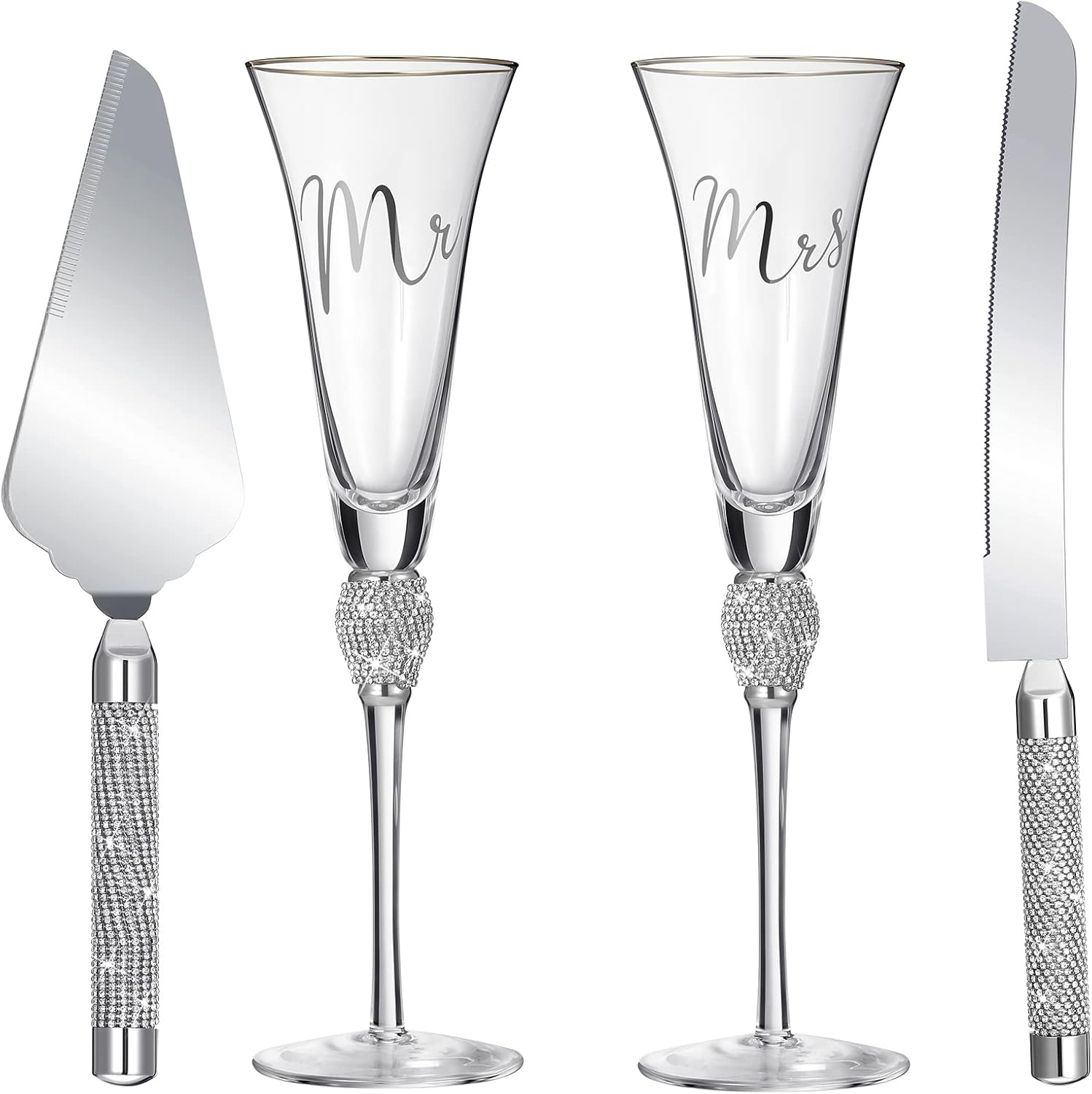 4 Piece Wedding Cake Knife and Champagne Flutes Server Set Silver