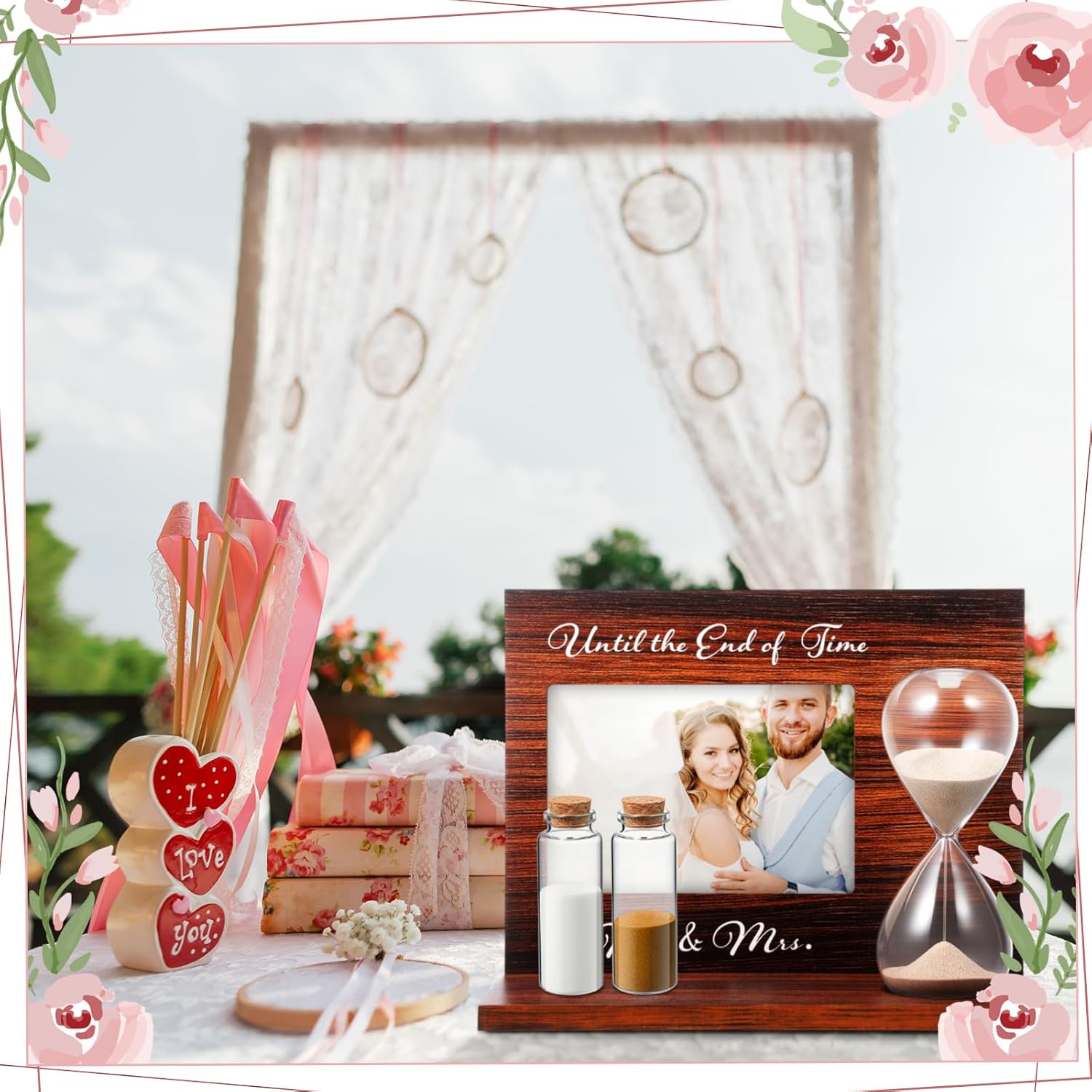 Blosssound Wedding Unity Sand Ceremony Set with Wooden Frame and Hourglass