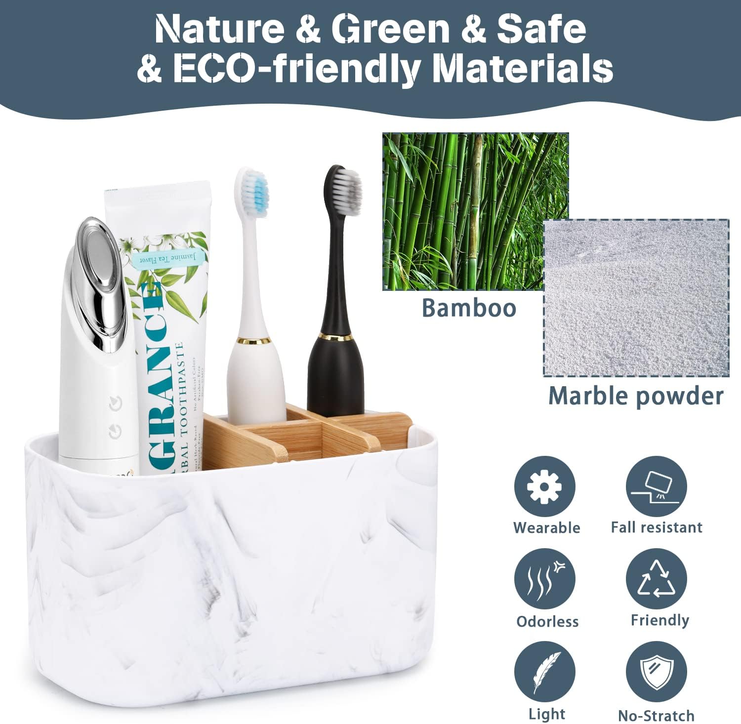 Bamboo Toothbrush Holder with 5 Slots and Toothpaste Storage