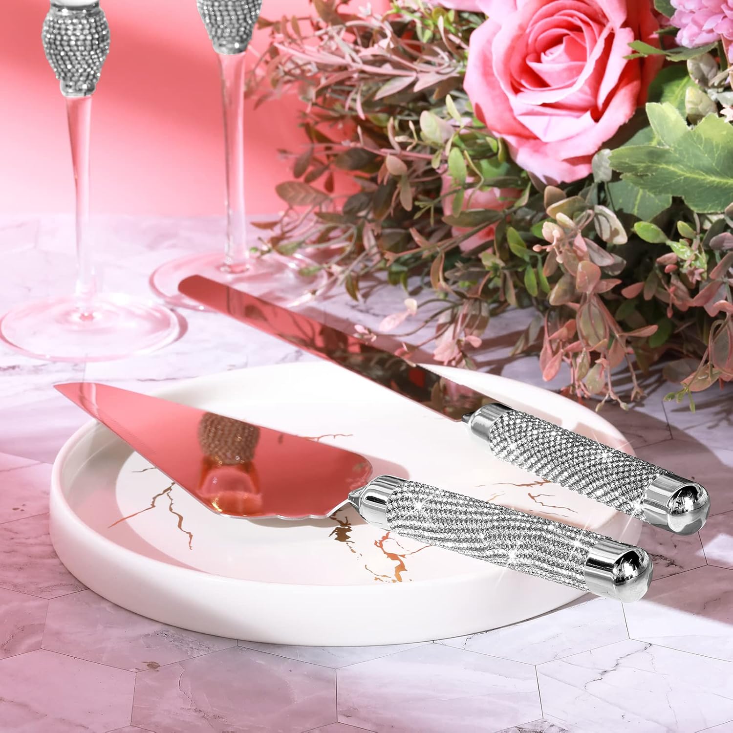 4 Piece Wedding Cake Knife and Champagne Flutes Server Set Silver