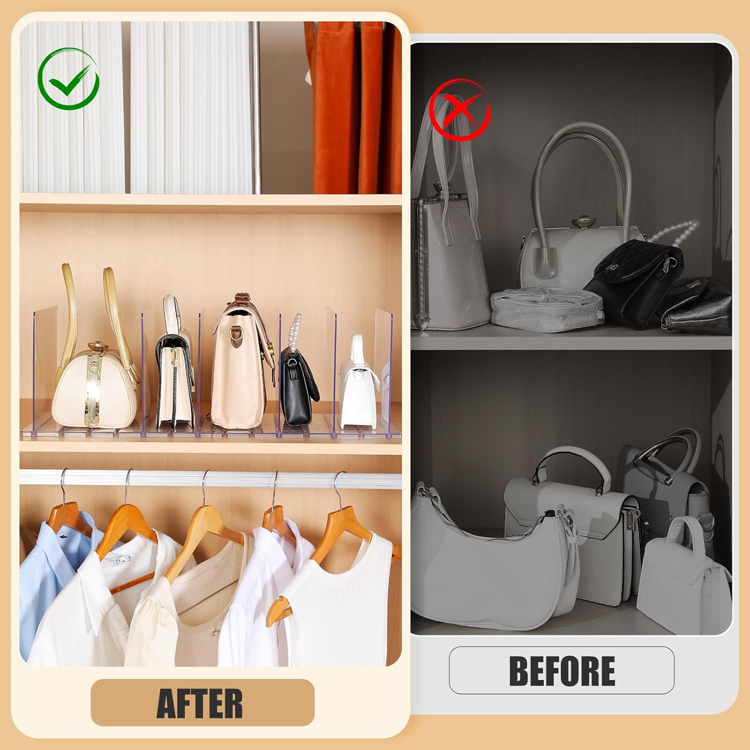 Fangoo 8 Layer Adjustable Purse Organizer for Closet Shelf Divider