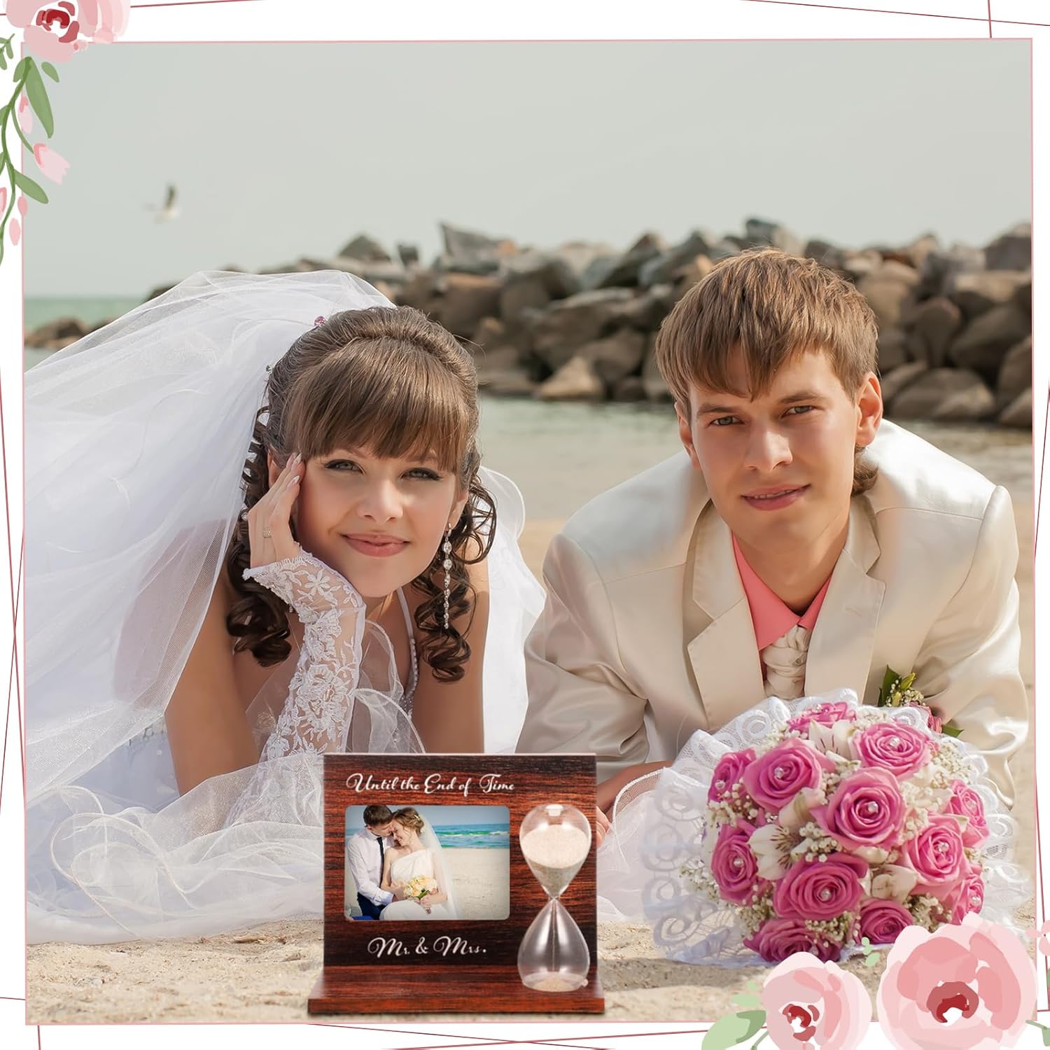 Blosssound Wedding Unity Sand Ceremony Set with Wooden Frame and Hourglass