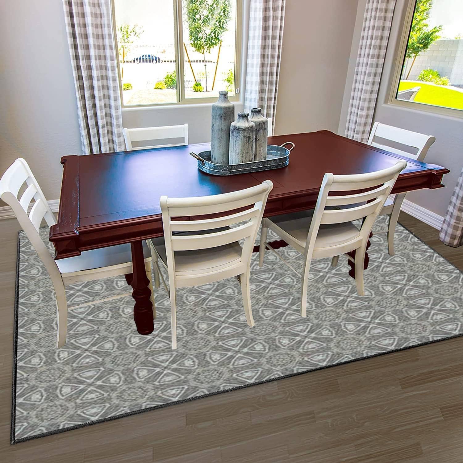 Modern Kids Playroom Dark Blue Denim Rug with Ornate Floral Design