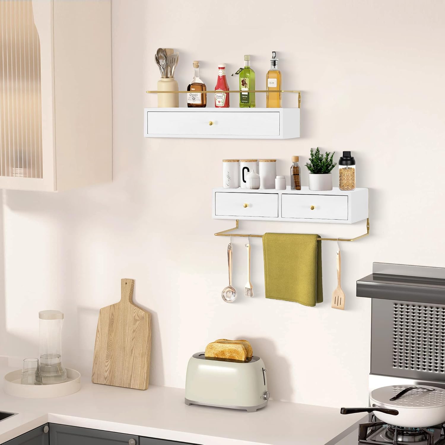 Rustic Floating Shelves with Drawer Set of 2