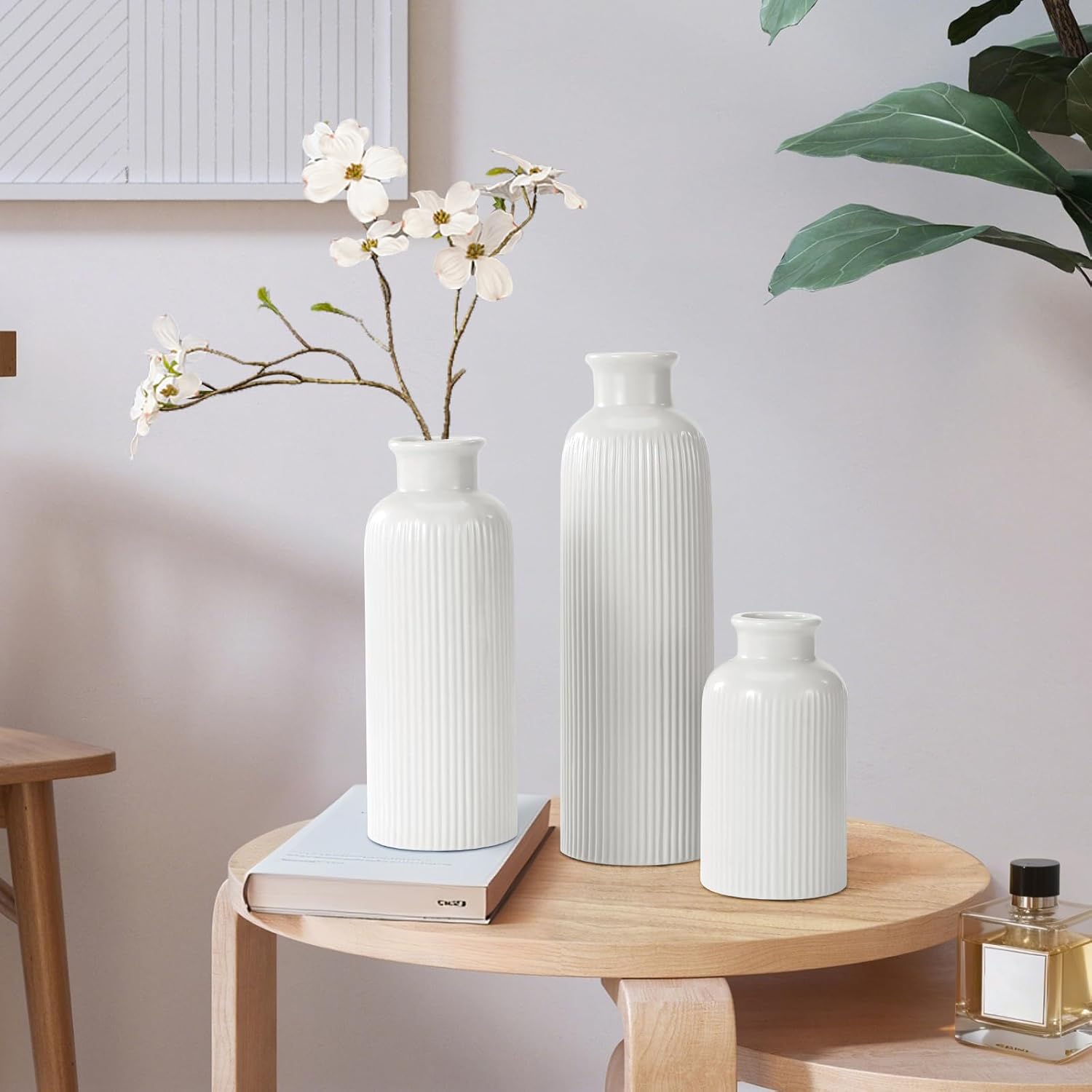 White Ceramic Vase Set of 3 Boho Modern