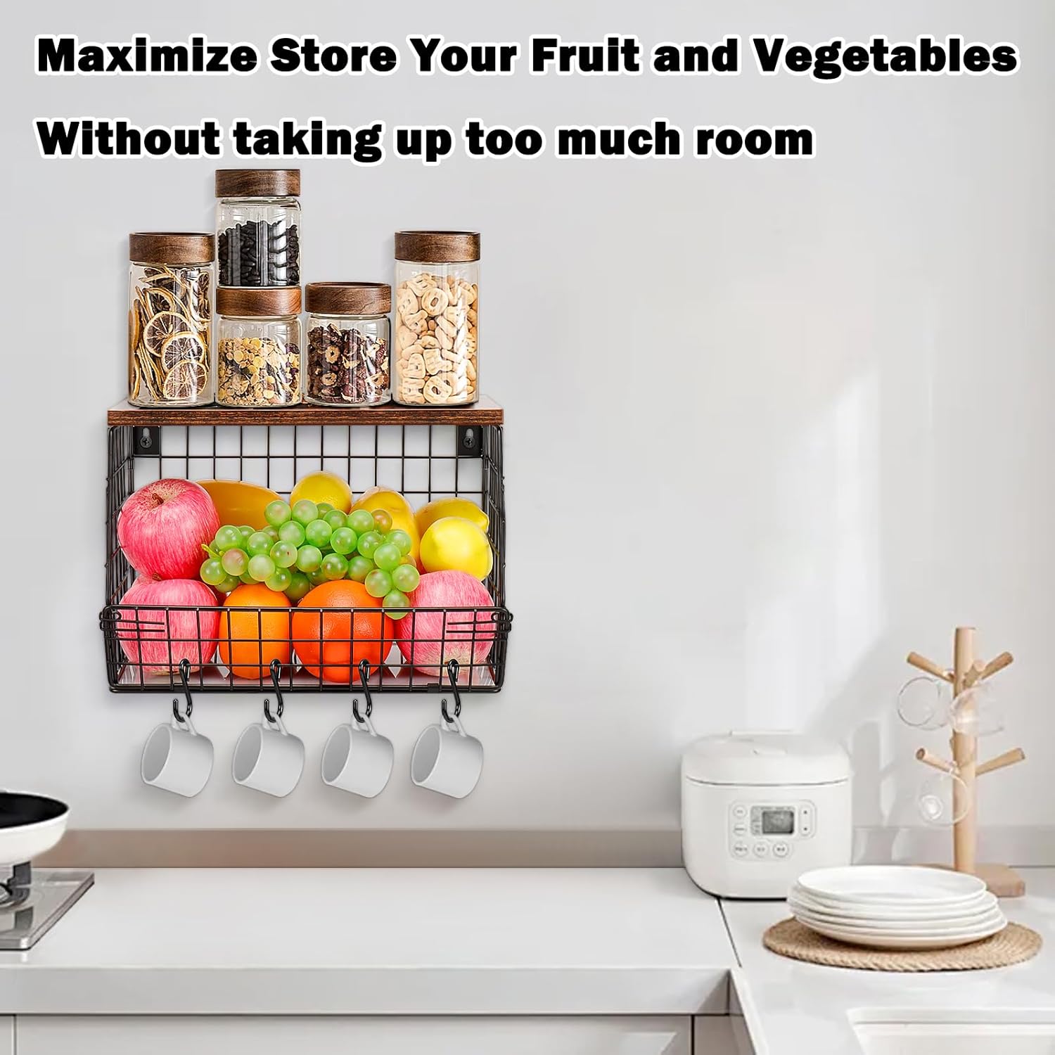 Livabber Metal Fruit Basket with Wood Shelf and 4 S-Hooks