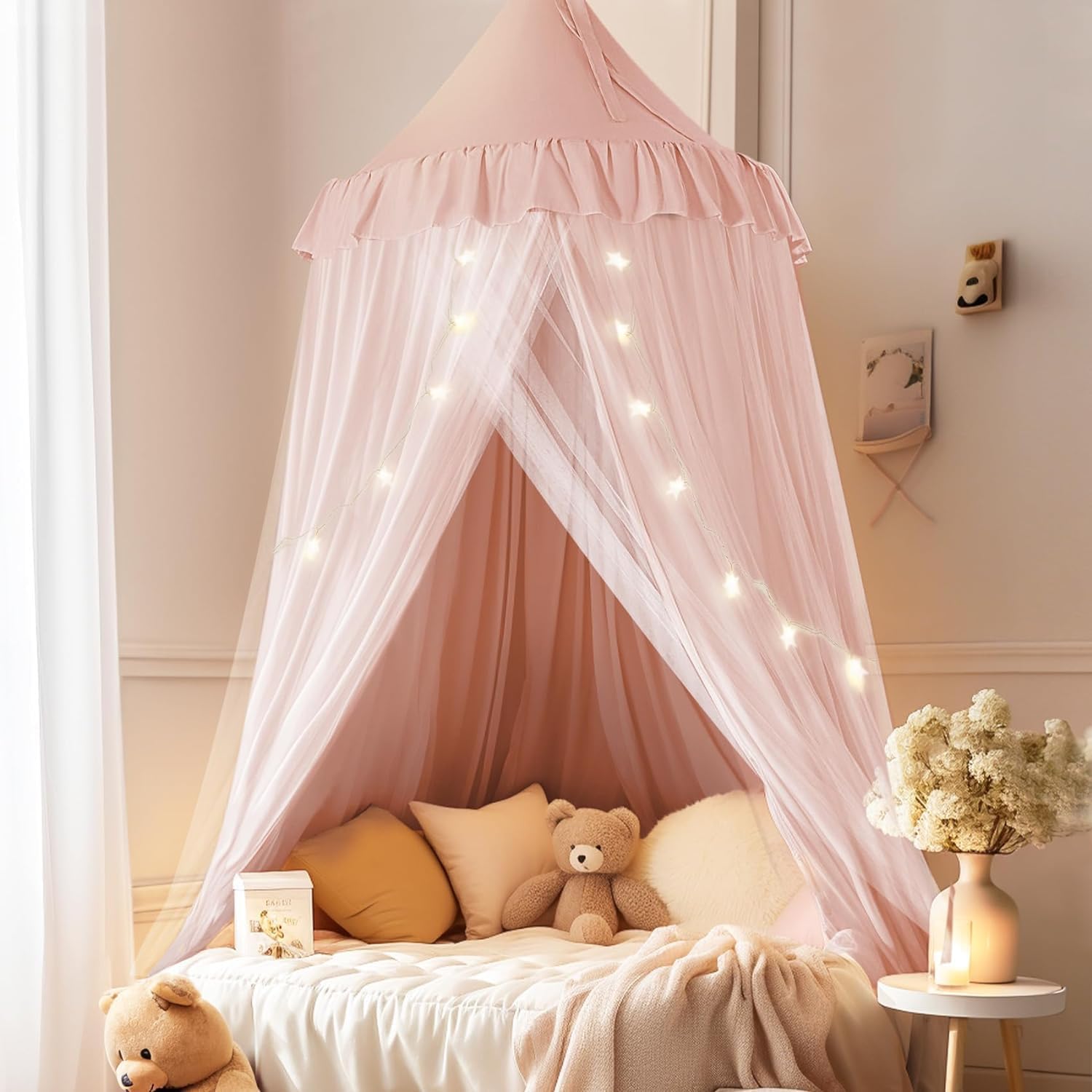 Little Dove Bed Canopy with Star Lights Double Layer Machine Washable 256x106 Pink