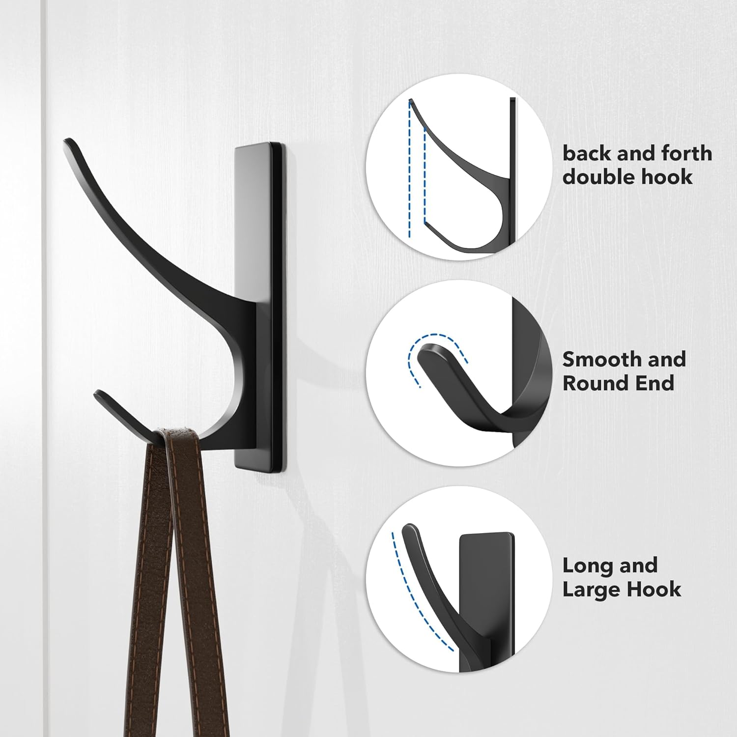 Self Adhesive Coat Hooks Heavy Duty Stainless 4-Pack Matt Black