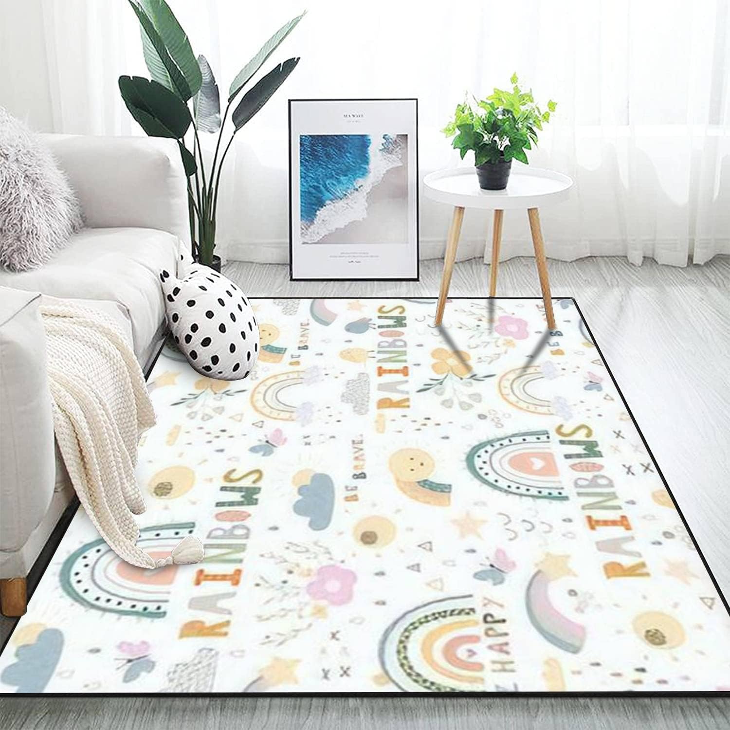 Modern Home Kids Play Area Rugs with Rainbows Design