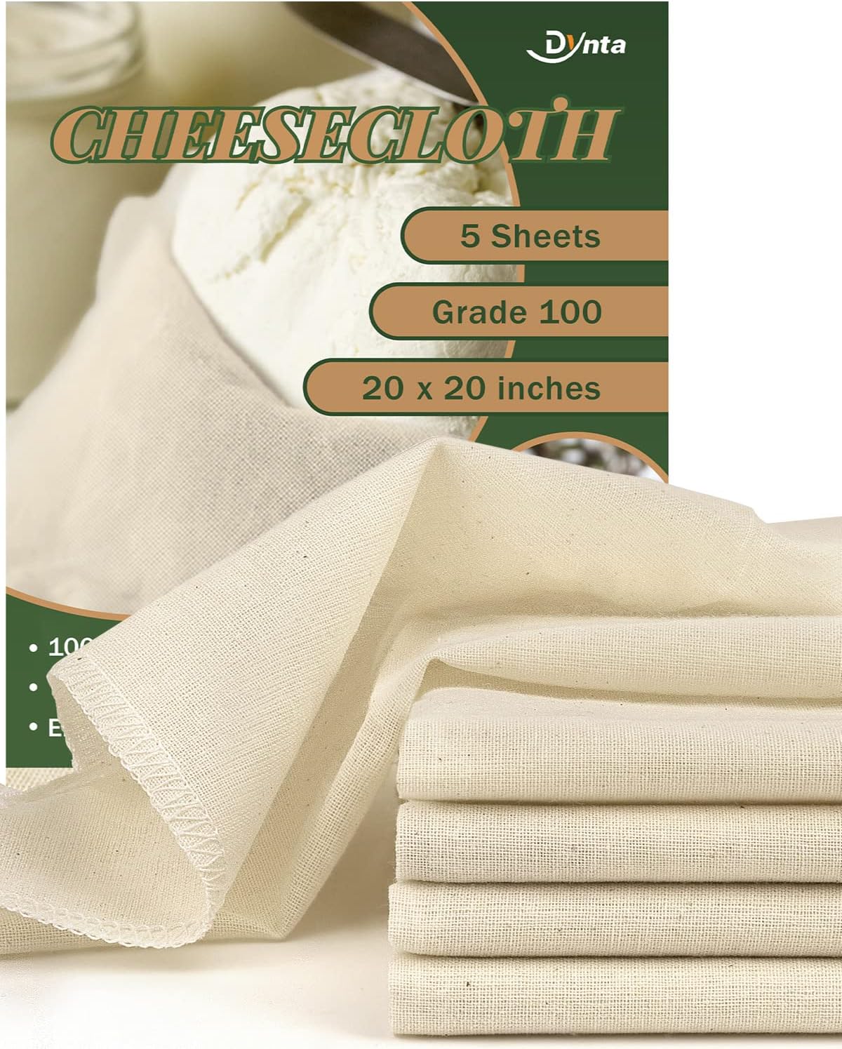 Dynta 100 Grade Cheesecloth 5 Pack 20x20 Inches Reusable