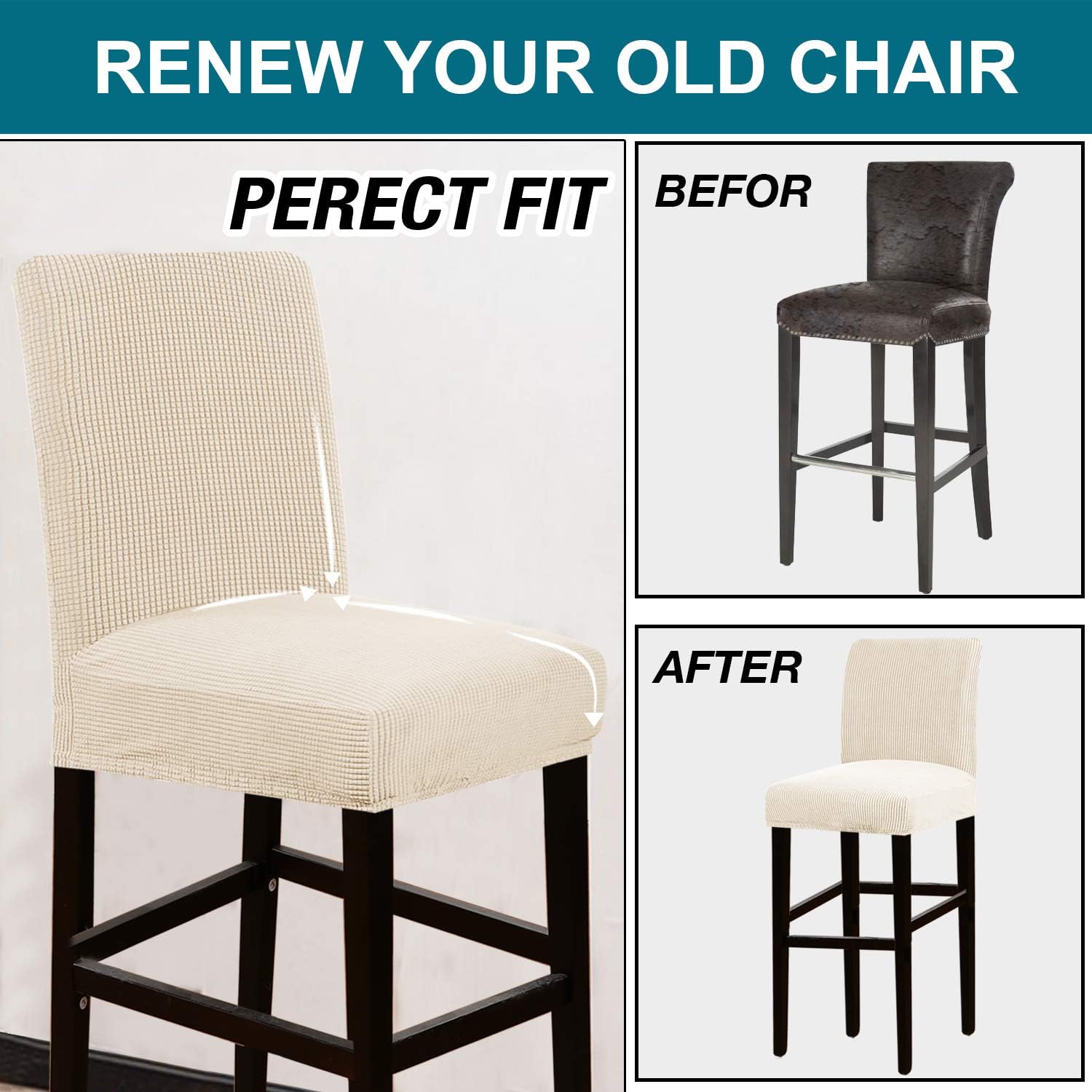 Turquoize Bar Stool Cover Set of 2 Jacquard Stretch Fabric