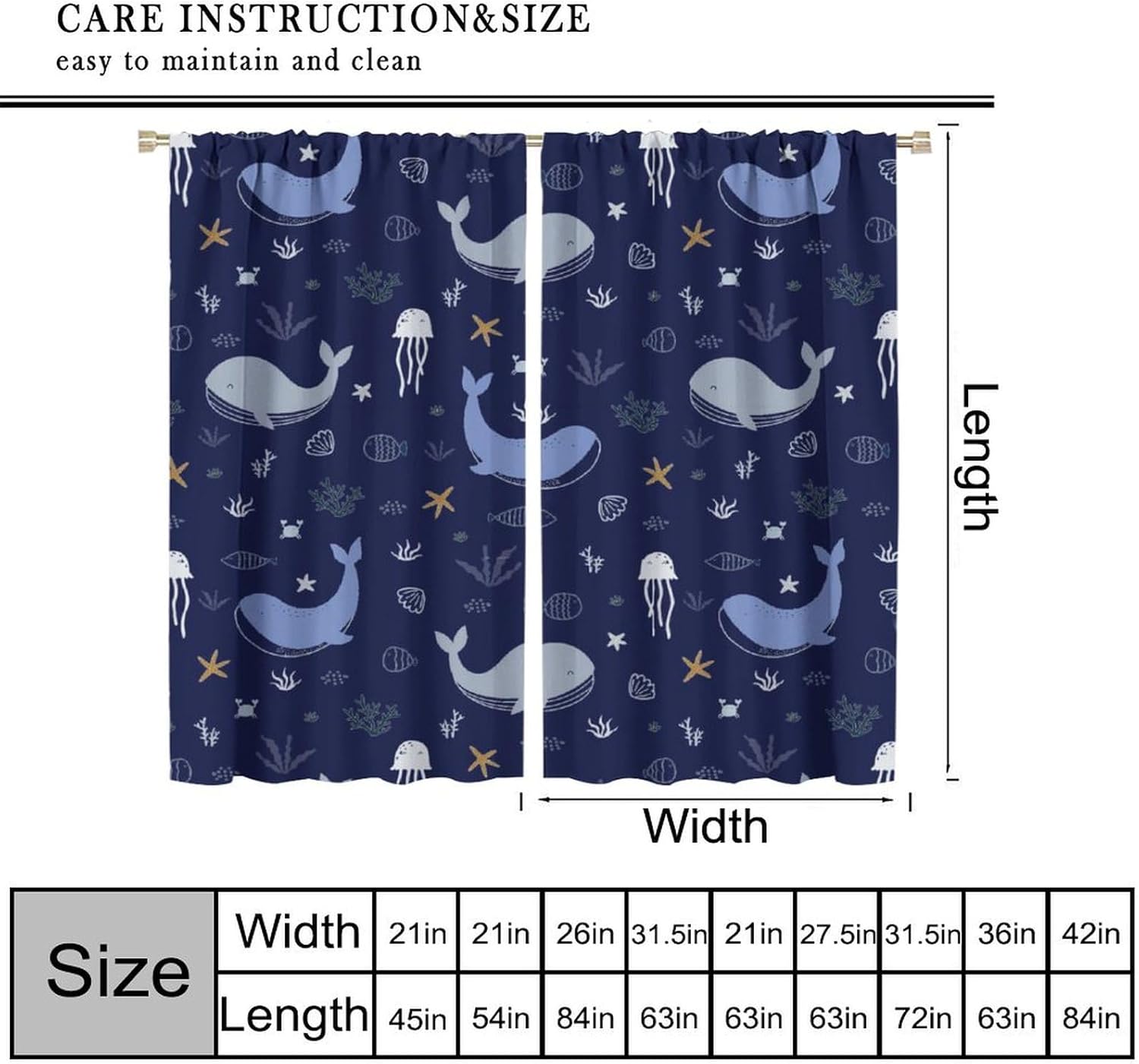 Whale Window Curtains for Kids Cartoon Jellyfish 42x63in 2 Panels