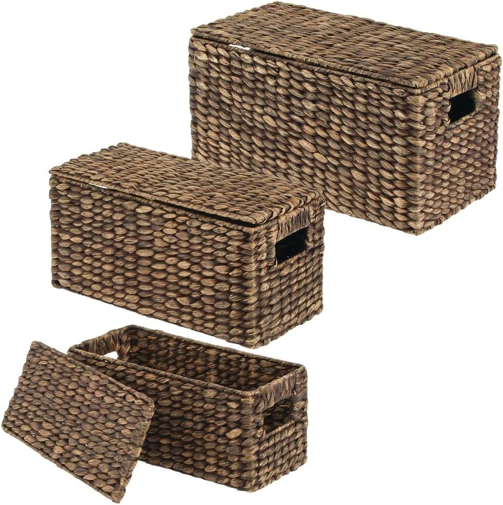 mDesign Woven Water Hyacinth Storage Baskets Set of 3 Dark Brown