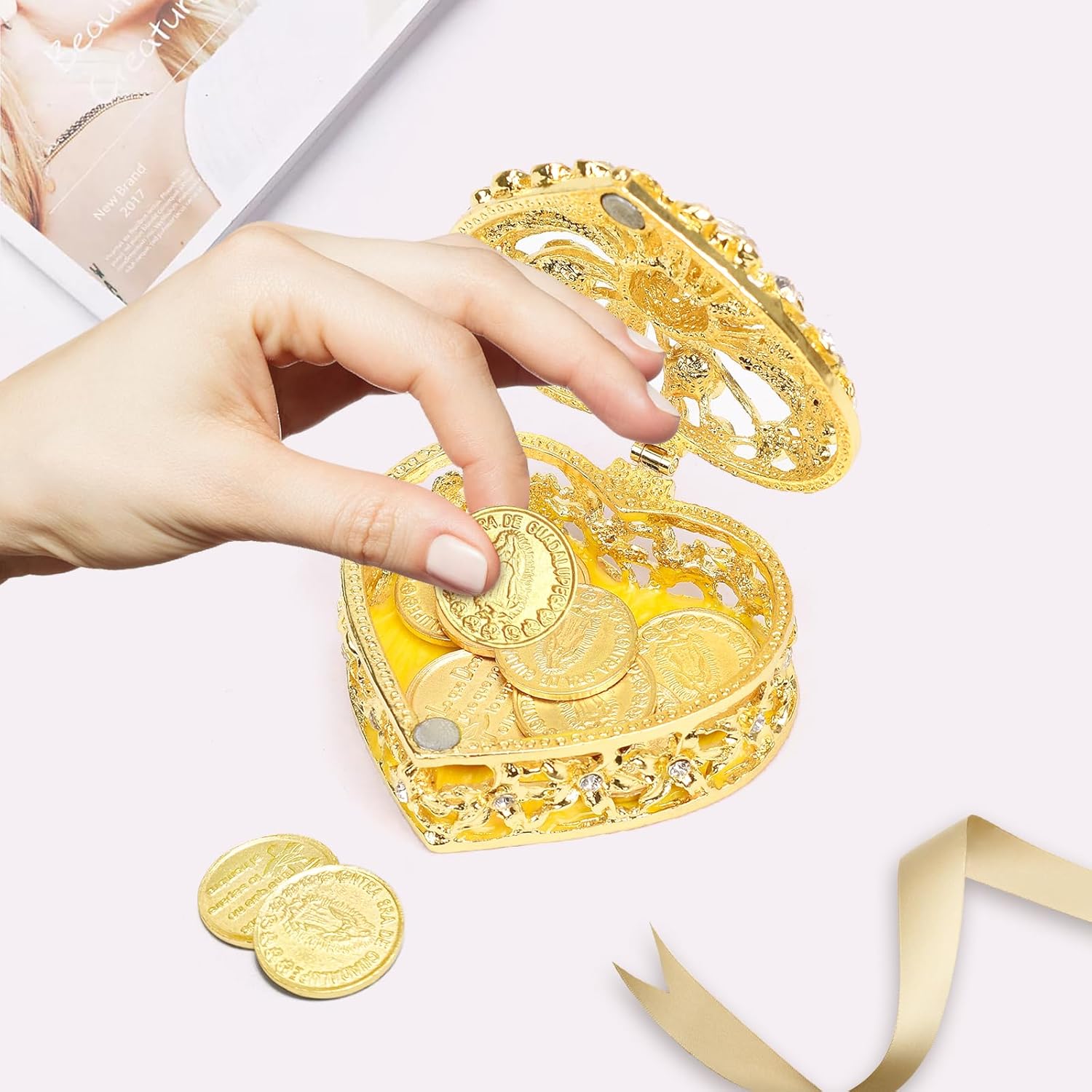 Catholic Wedding Arras Coins Set with 13 Gold Virgen of Guadalupe Coins