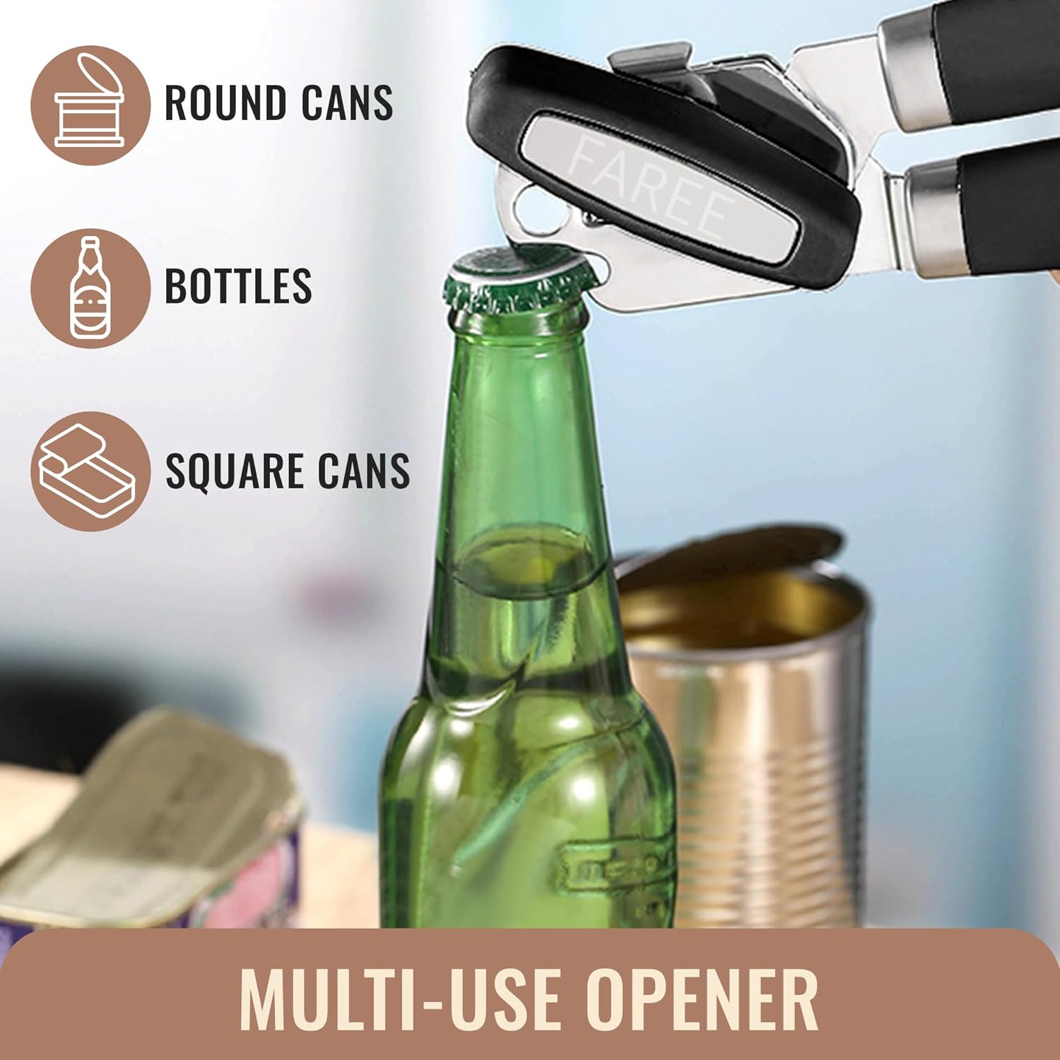 FAREE 3-in-1 Can Opener Manual with Magnet and Bottle Opener
