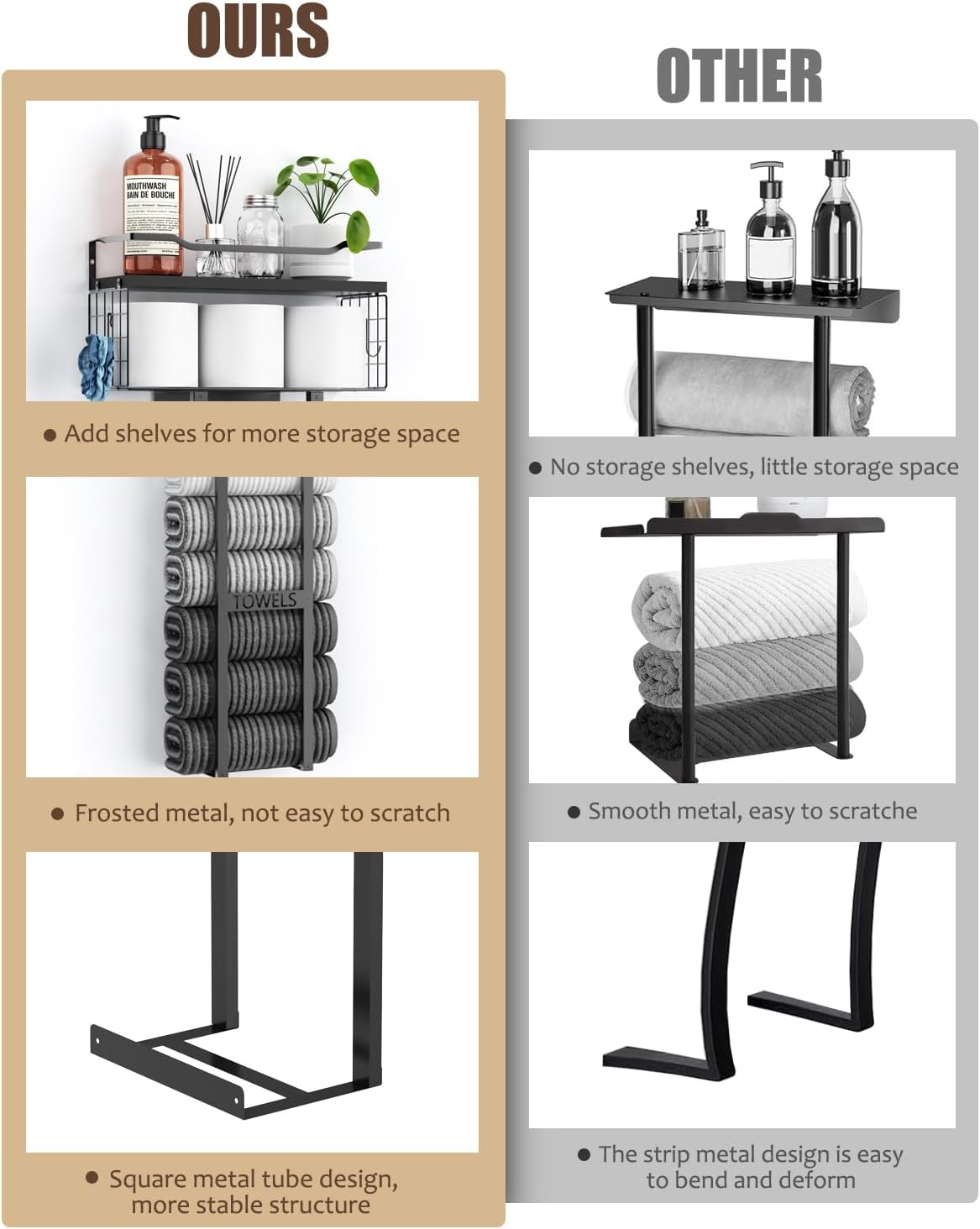 Sturdy Metal Towel Rack with Wood Shelf - All Black
