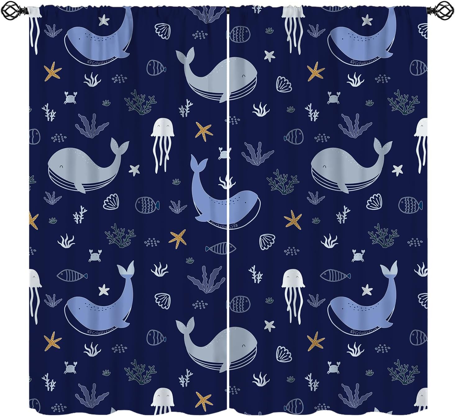Whale Window Curtains for Kids Cartoon Jellyfish 42x63in 2 Panels
