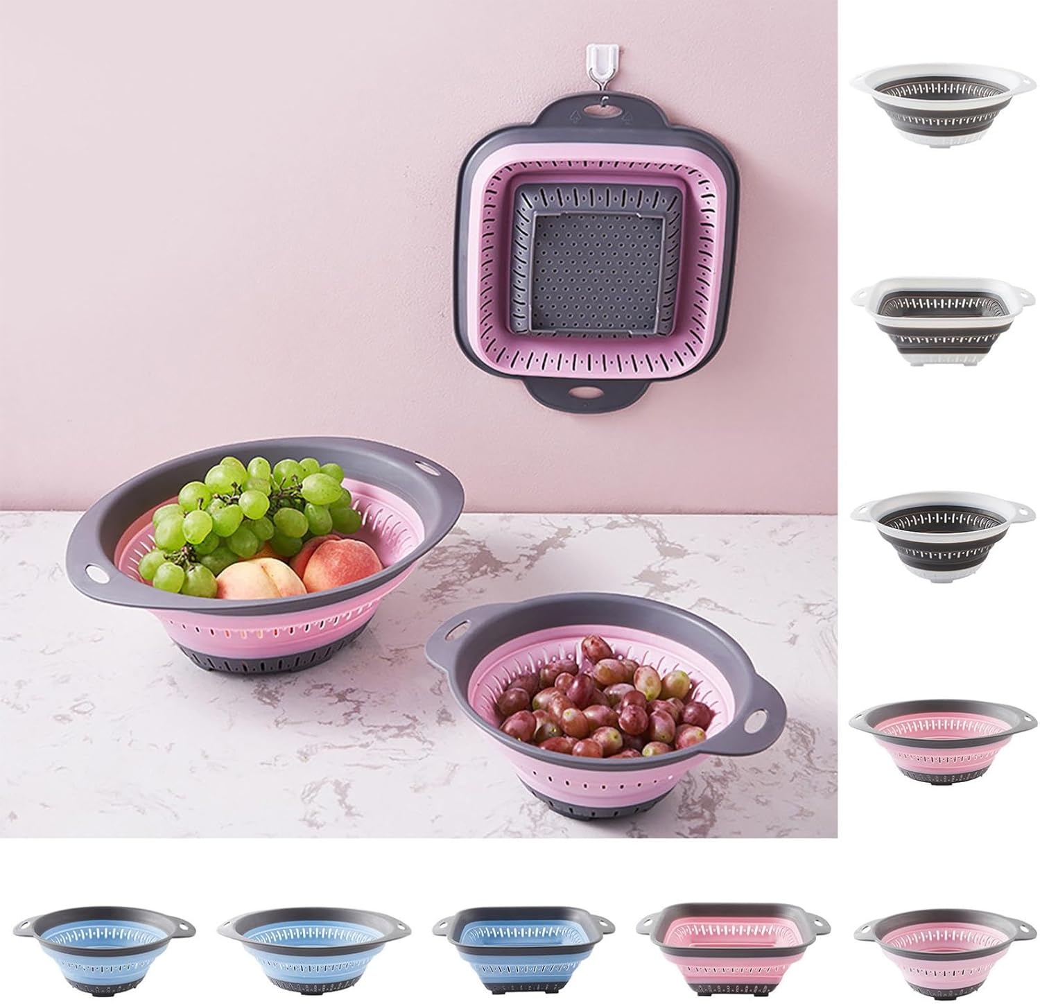 Collapsible Colander Strainer with Hanging Ears Heavy Duty Kitchen Drain Basket Light Pink